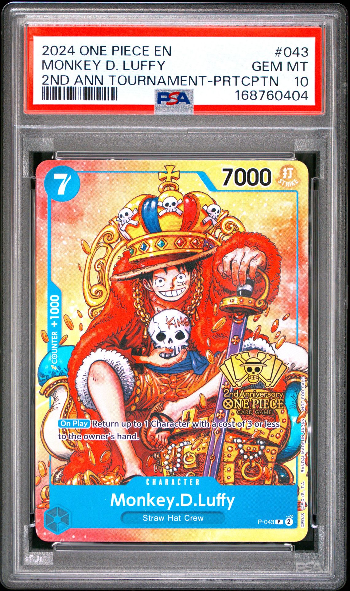 2024 One Piece Promos Monkey D. Luffy #043 (2Nd Ann Tournament-Prtcptn) Gem Mt 10 front view - PSA graded GEM MT 10