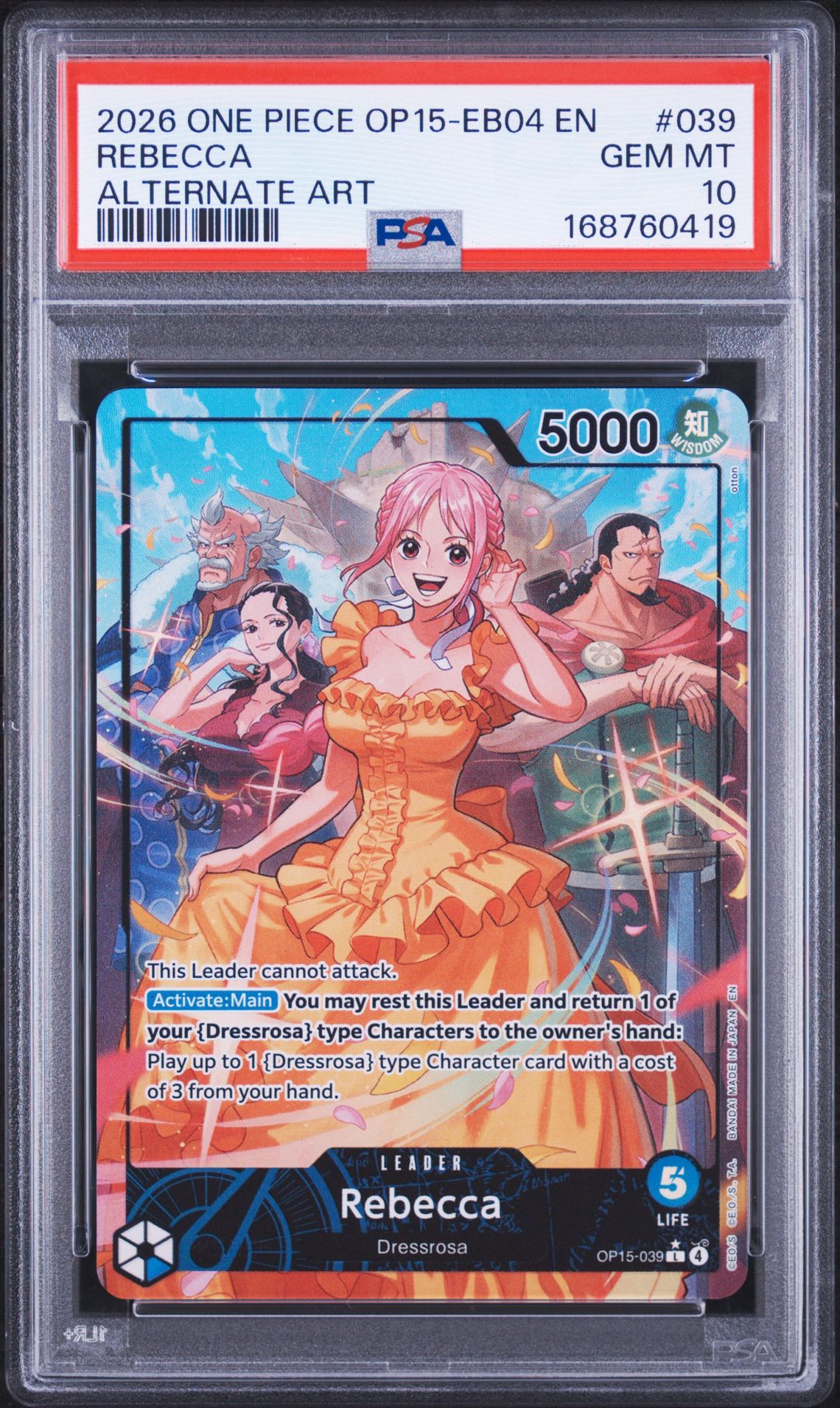 2026 One Piece Op15-Eb04-Adventure On Kami's Island Rebecca #039 (Alternate Art) Gem Mt 10 front view - PSA graded GEM MT 10
