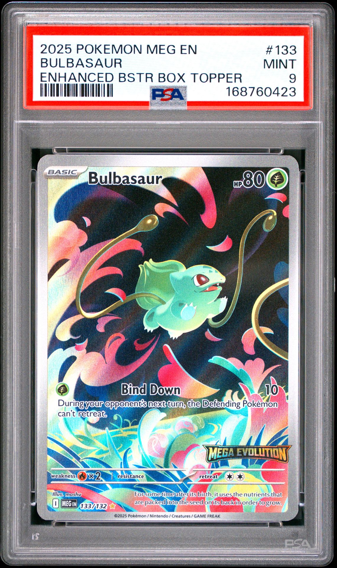 2025 Pokemon Meg En-Mega Evolution Bulbasaur #133 (Enhanced Bstr Box Topper) Mint 9 front
