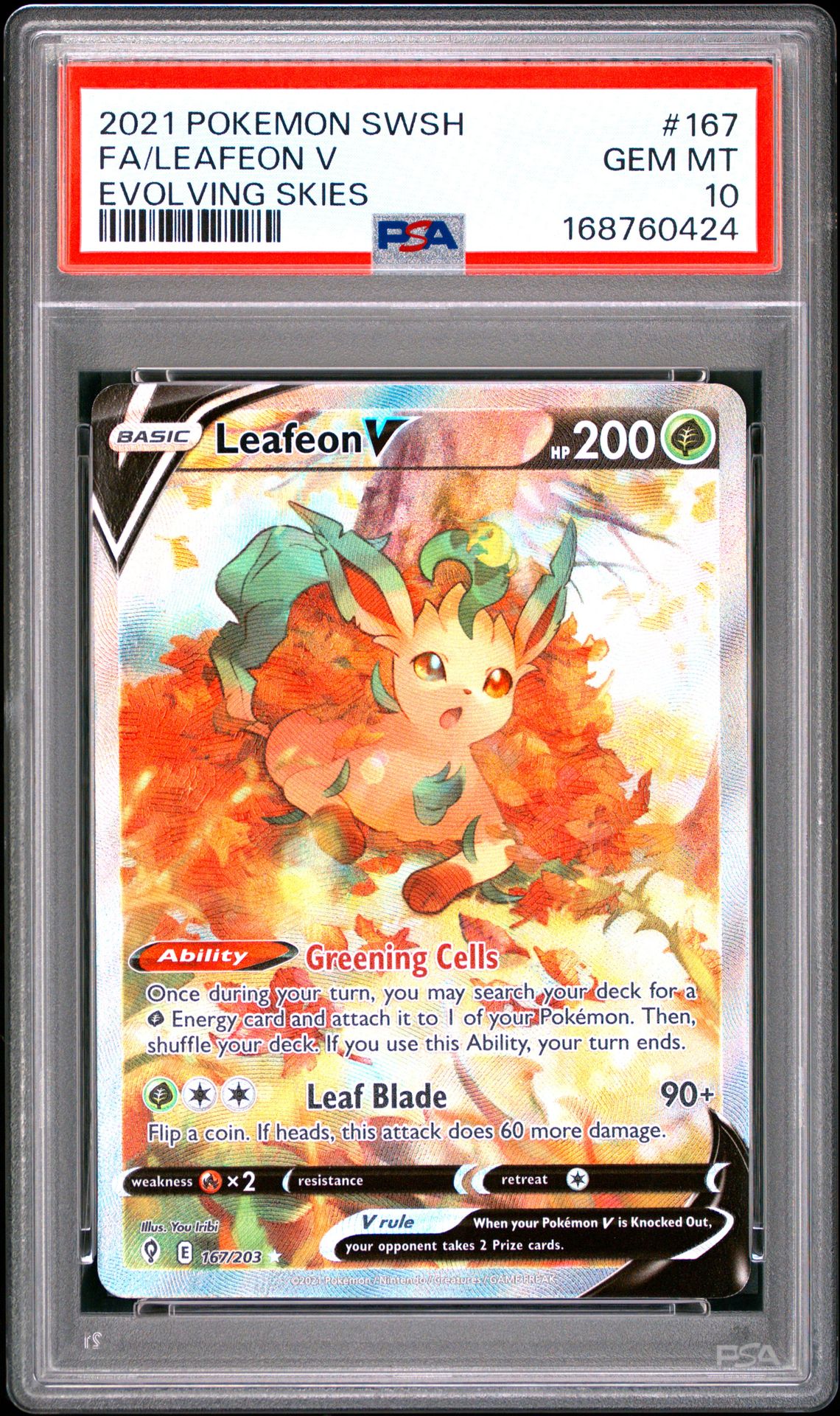 2021 Pokemon Sword & Shield Evolving Skies Fa/Leafeon V #167 (Evolving Skies) Gem Mt 10 front view - PSA graded GEM MT 10