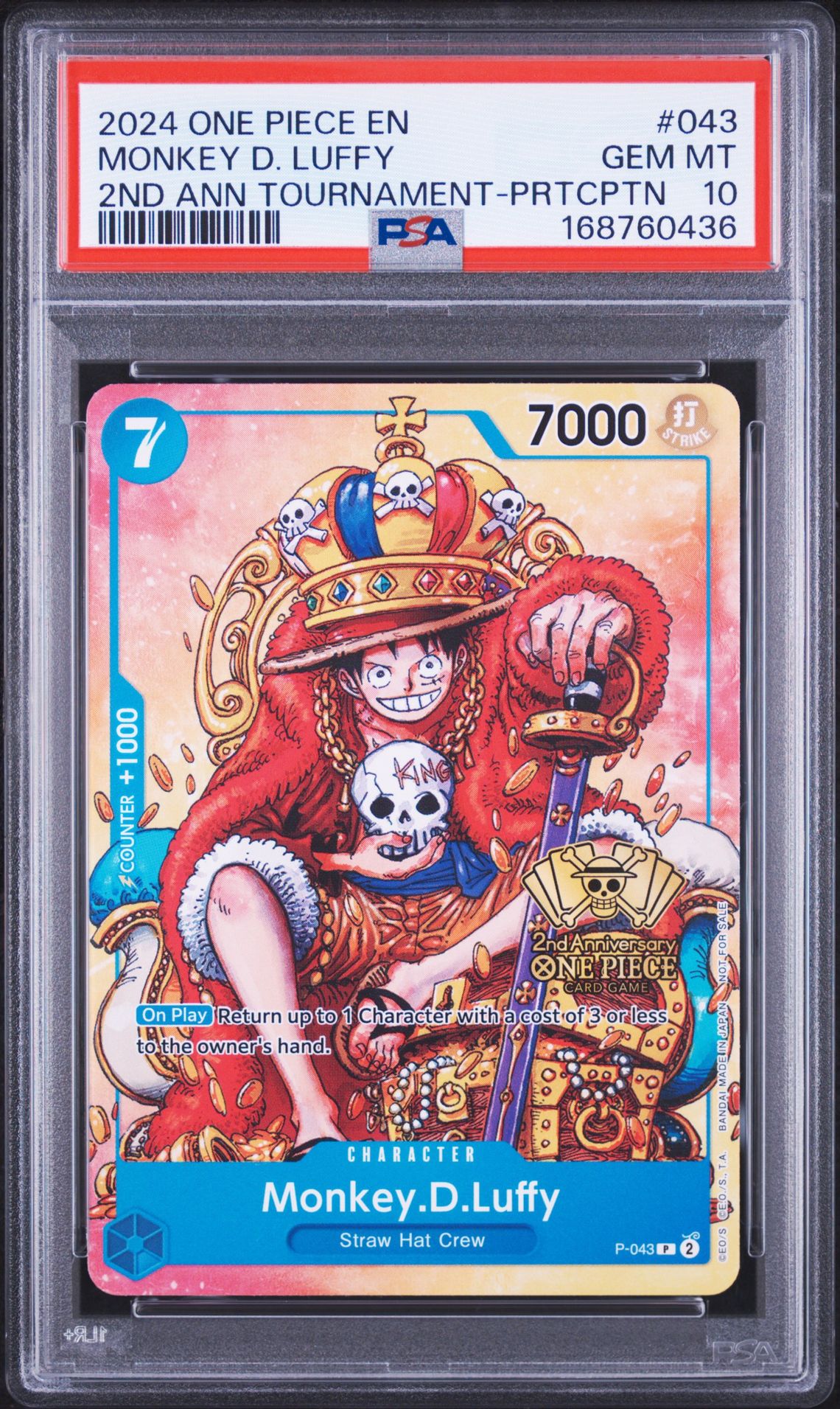 2024 ONE PIECE PROMOS MONKEY D. LUFFY 2ND ANN TOURNAMENT-PRTCPTN 043 GEM MT 10 front