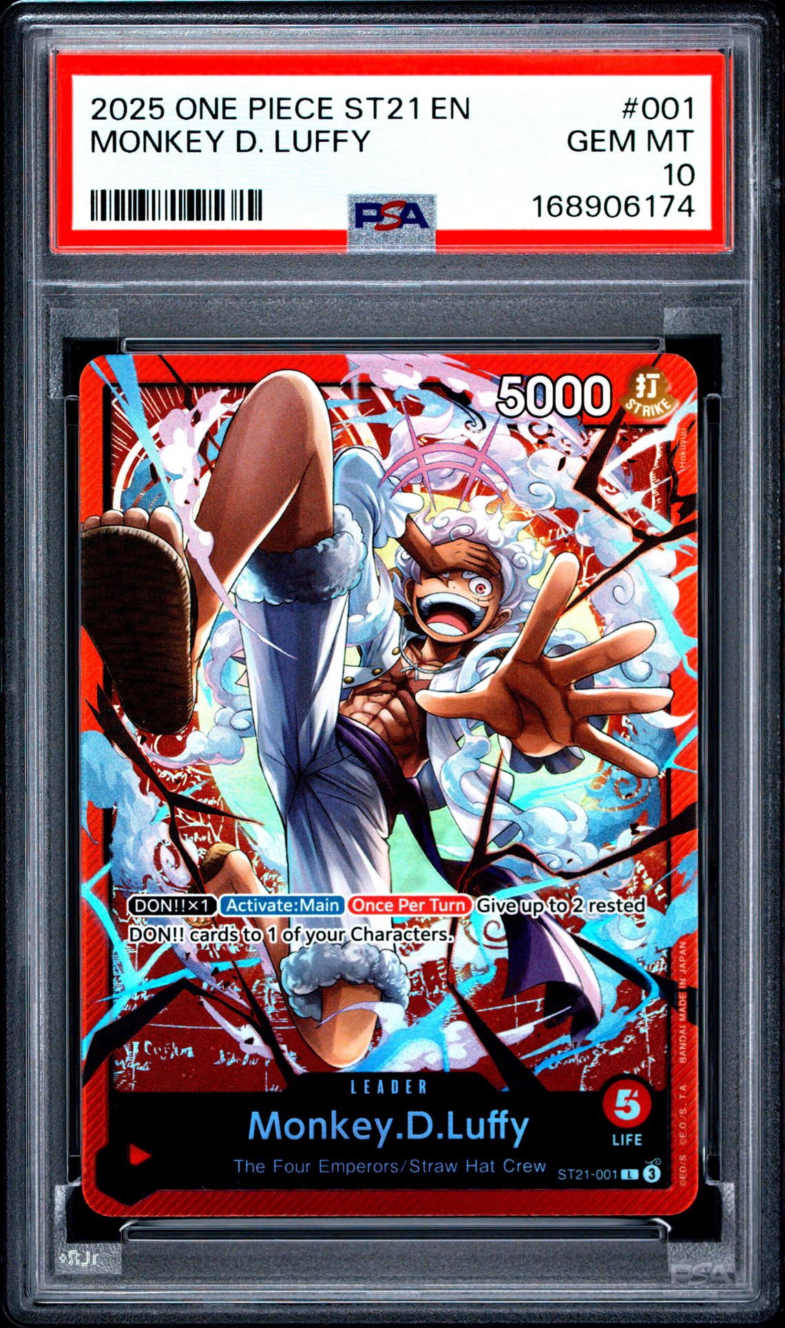 2025 One Piece Starter Deck St21-Ex Gear 5 Monkey D. Luffy #001 Gem Mt 10 front view - PSA graded GEM MT 10