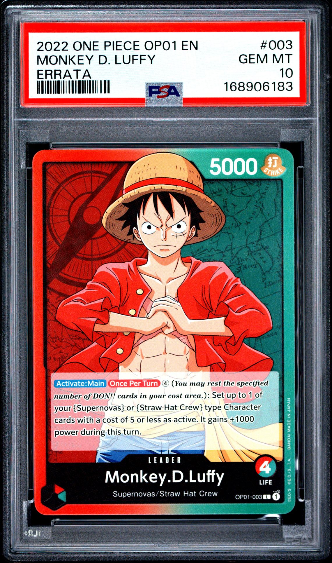 2022 ONE PIECE OP01-ROMANCE DAWN MONKEY D. LUFFY ERRATA 003 GEM MT 10 front