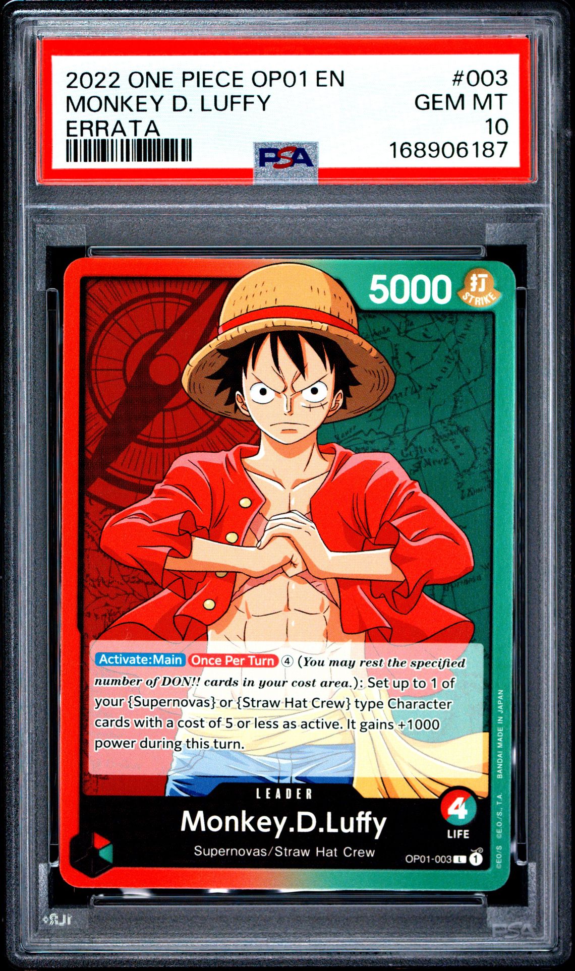 2022 One Piece Op01-Romance Dawn Monkey D. Luffy #003 (Errata) Gem Mt 10 front view - PSA graded GEM MT 10