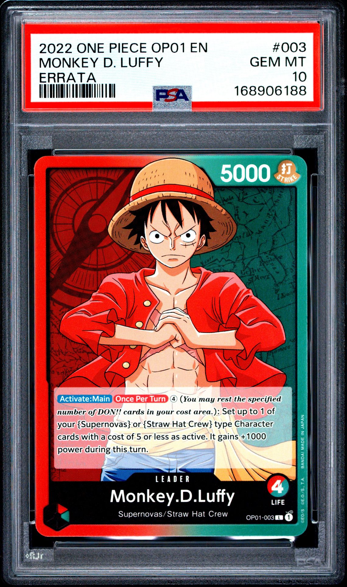 2022 One Piece Op01-Romance Dawn Monkey D. Luffy #003 (Errata) Gem Mt 10 front view - PSA graded GEM MT 10