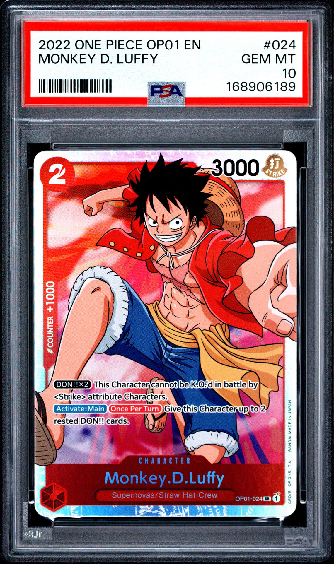 2022 One Piece Op01-Romance Dawn Monkey D. Luffy #024 Gem Mt 10 front view - PSA graded GEM MT 10
