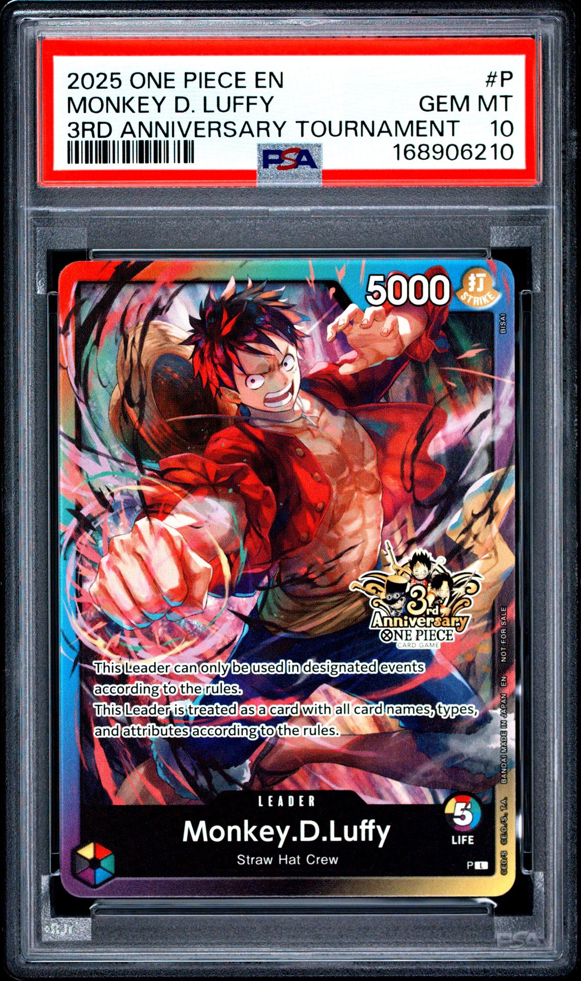 2025 One Piece Promos Monkey D. Luffy #P (3Rd Anniversary Tournament) Gem Mt 10 front view - PSA graded GEM MT 10