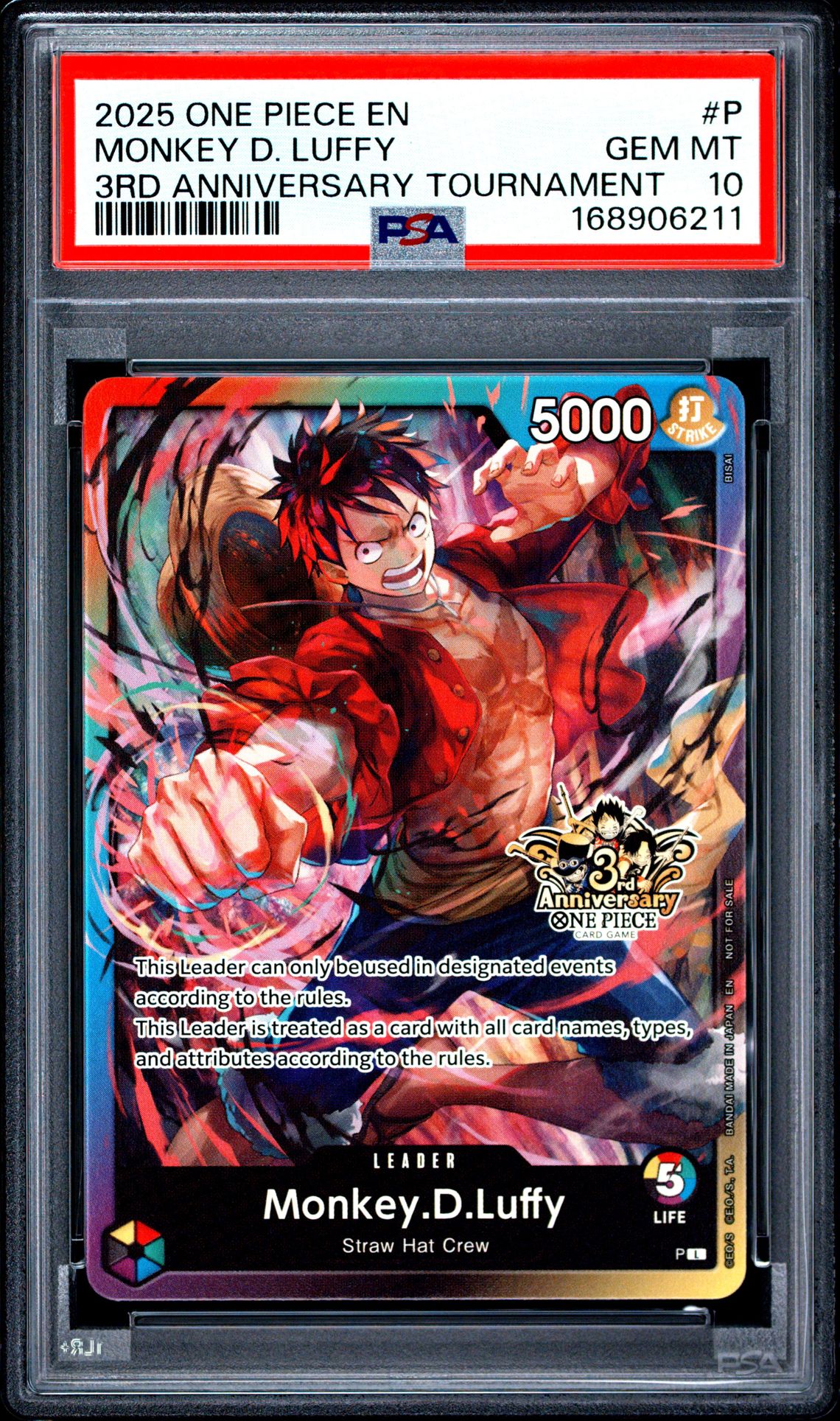 2025 One Piece Promos Monkey D. Luffy #P (3Rd Anniversary Tournament) Gem Mt 10 front view - PSA graded GEM MT 10