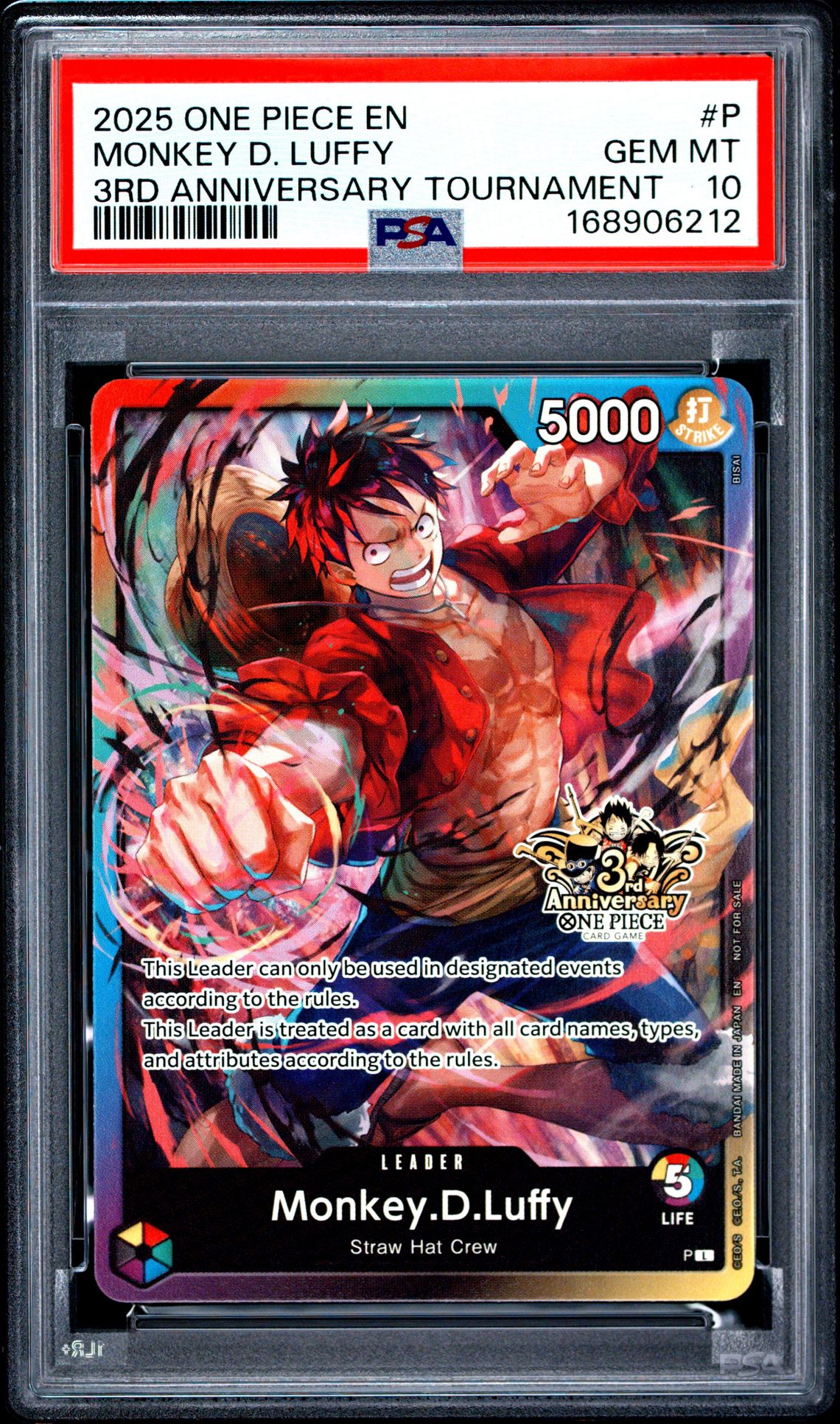 2025 One Piece Promos Monkey D. Luffy #P (3Rd Anniversary Tournament) Gem Mt 10 front