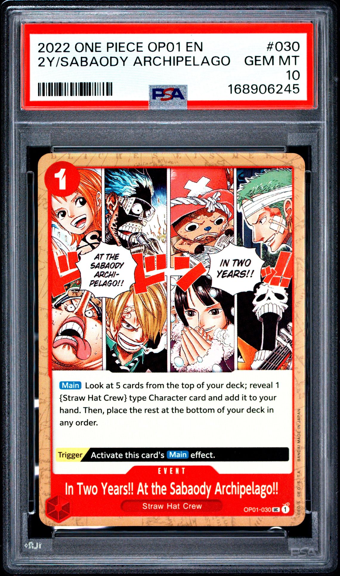 2022 One Piece Op01-Romance Dawn 2Y/Sabaody Archipelago #030 Gem Mt 10 front view - PSA graded GEM MT 10