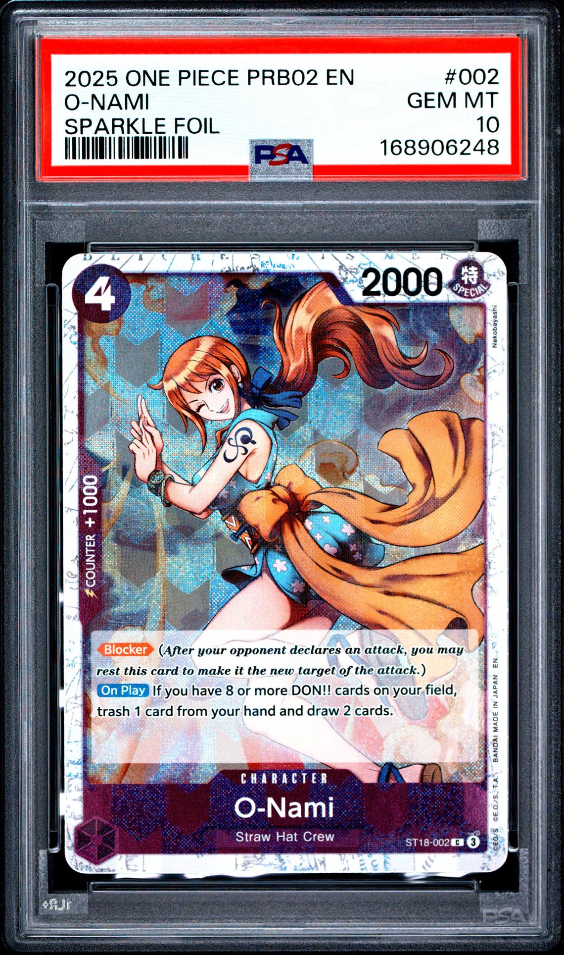 2025 One Piece Prb02-Premium Booster -One Piece Card The Best- Vol.2 O-Nami #002 (Sparkle Foil) Gem Mt 10 front view - PSA graded GEM MT 10