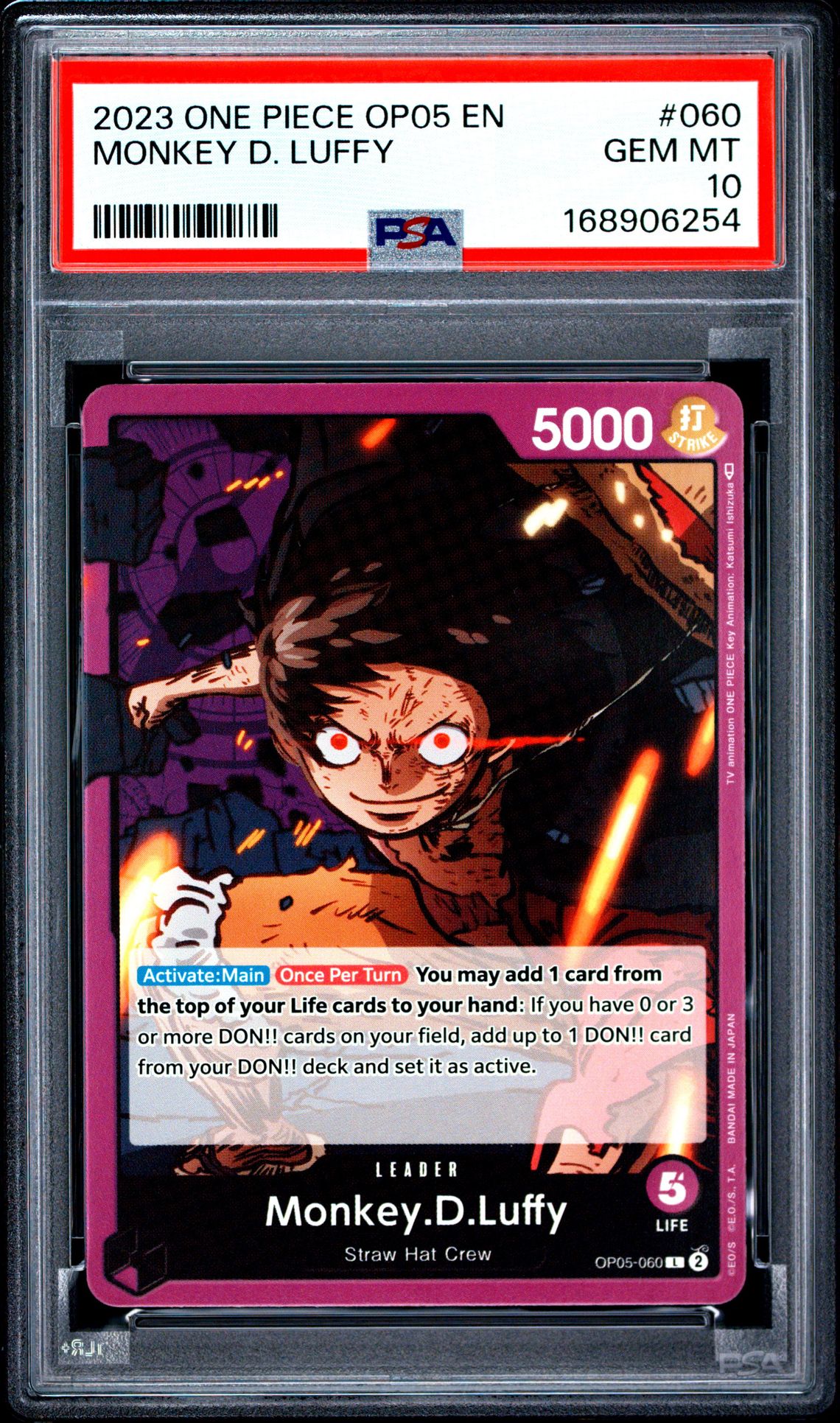 2023 One Piece Op05-Awakening Of The New Era Monkey D. Luffy #060 Gem Mt 10 front view - PSA graded GEM MT 10