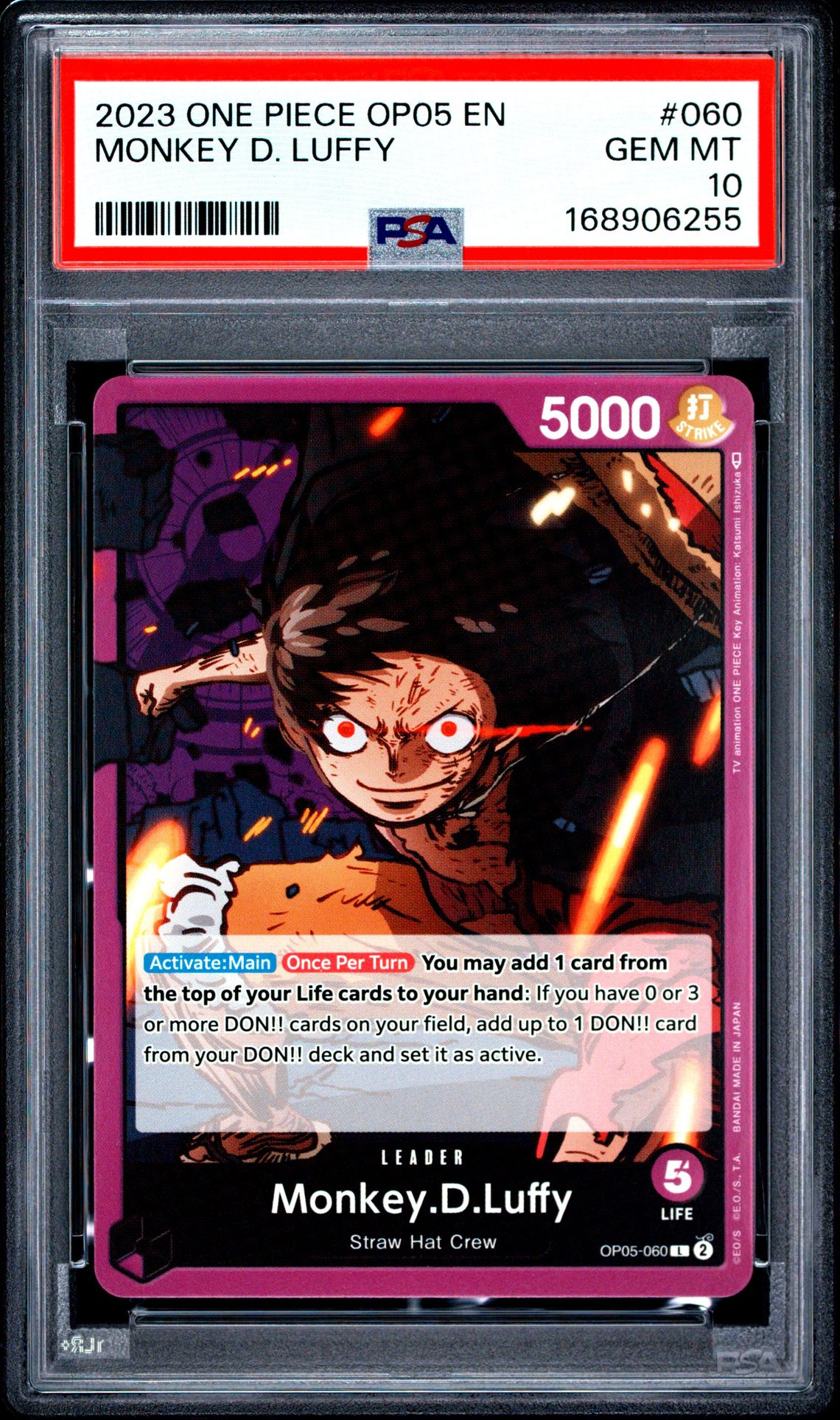 2023 One Piece Op05-Awakening Of The New Era Monkey D. Luffy #060 Gem Mt 10 front view - PSA graded GEM MT 10