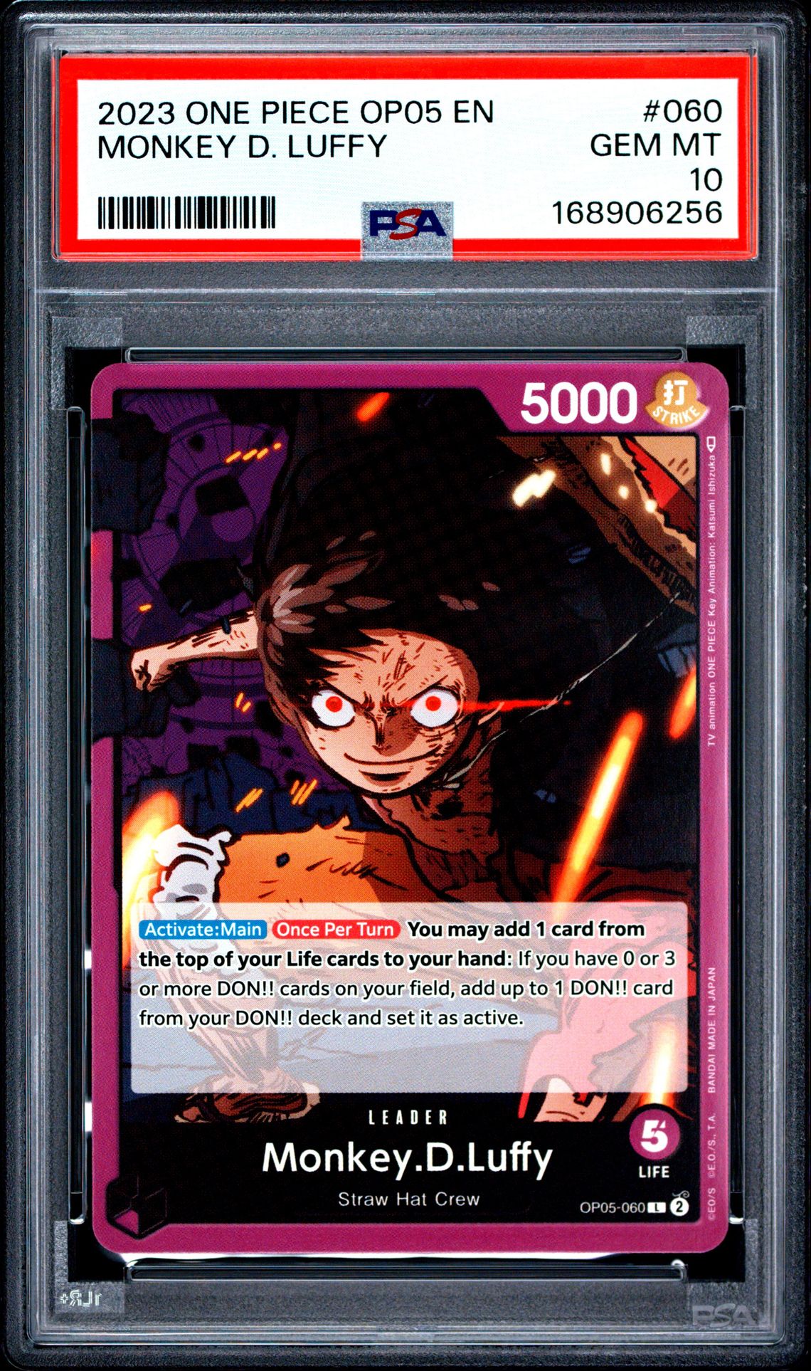 2023 One Piece Op05-Awakening Of The New Era Monkey D. Luffy #060 Gem Mt 10 front view - PSA graded GEM MT 10