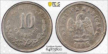 1885-Cn M 10C Mule, Au 2-1/2 peso obv VF20