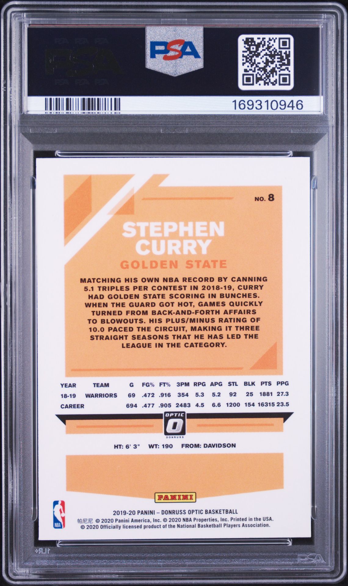 2019 Panini Donruss Optic Stephen Curry #8 Gem Mt 10 back view - PSA certificate #169310946