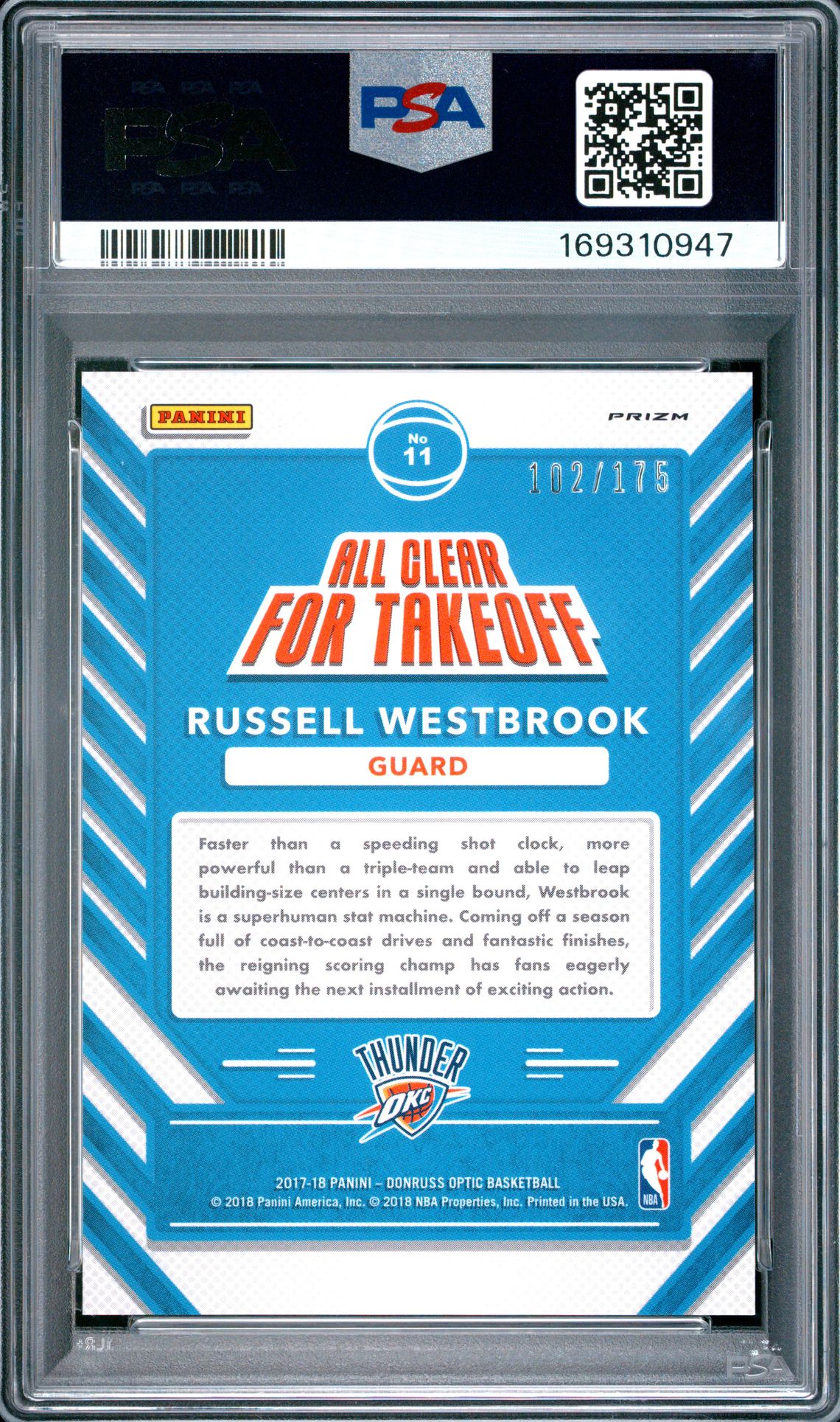 2017 Panini Donruss Optic All Clear For Take Off Russell Westbrook #11 (All Cl/Take Off-Lime Green) Gem Mt 10 back view - PSA certificate #169310947