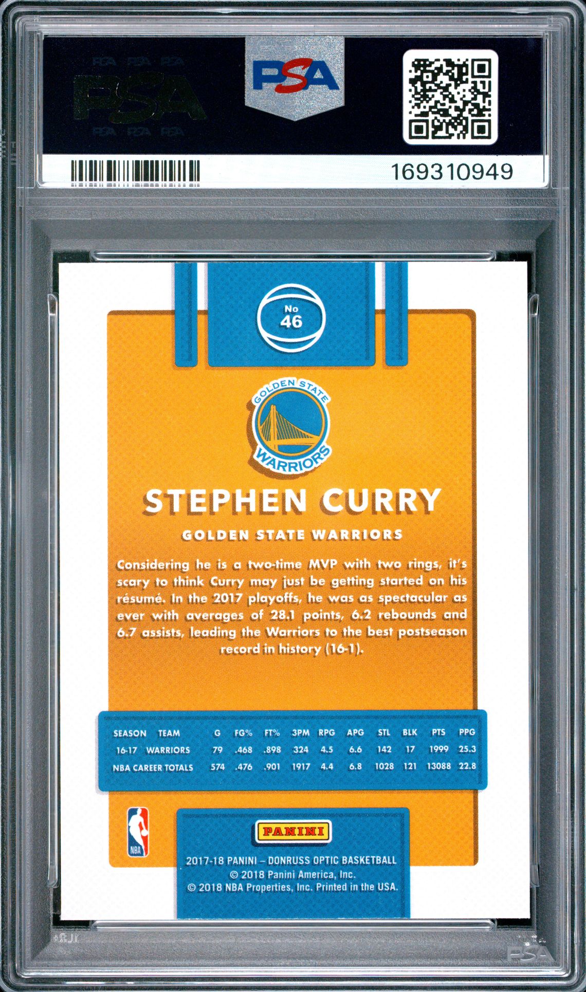 2017 Panini Donruss Optic Stephen Curry #46 Gem Mt 10 back view - PSA certificate #169310949