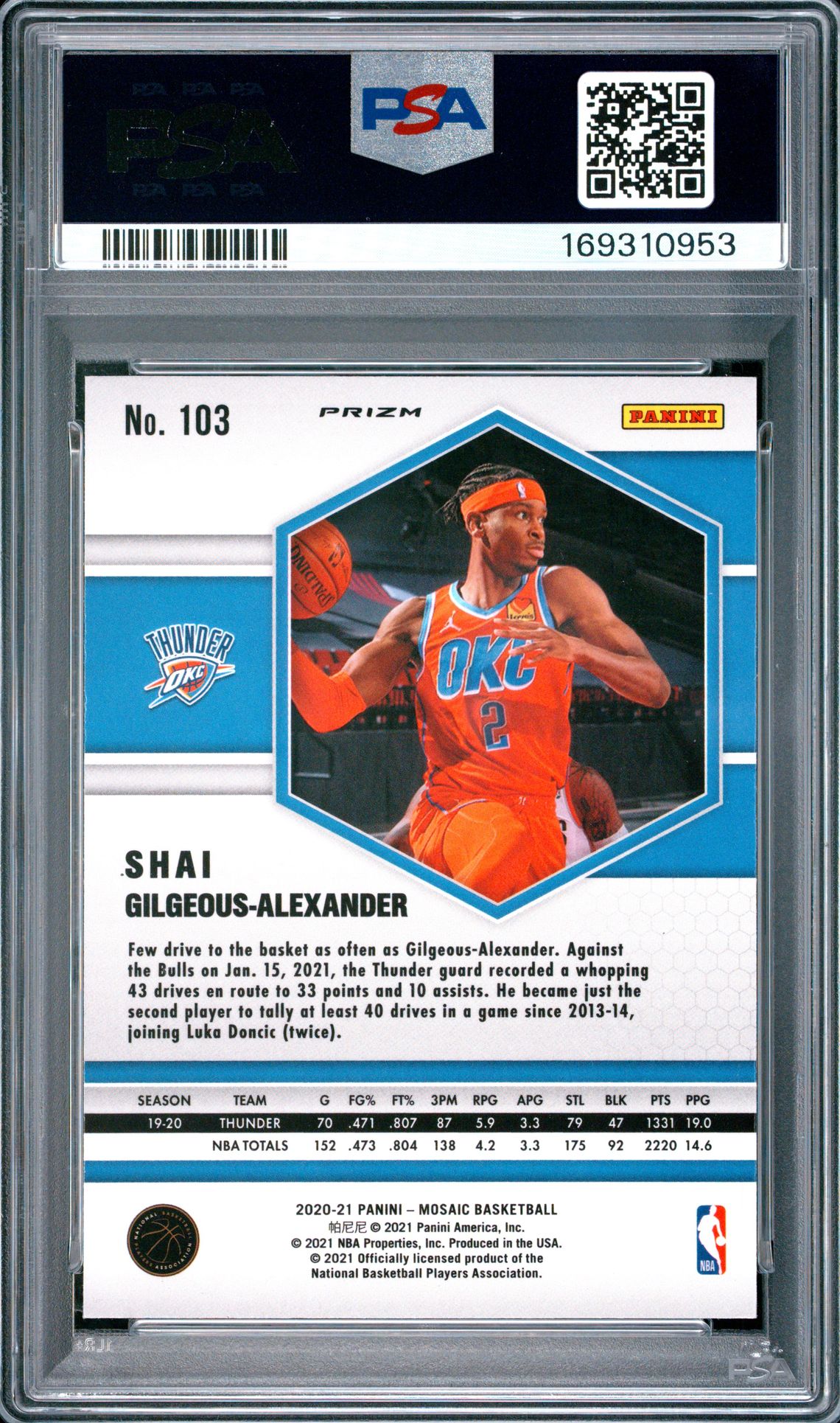 2020 Panini Mosaic S.gilgeous-Alexander #103 (Reactive Blue) Gem Mt 10 back view - PSA certificate #169310953