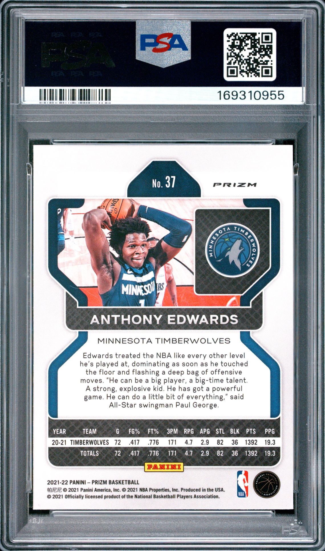 2021 Panini Prizm Anthony Edwards #37 (Ice) Gem Mt 10 back view - PSA certificate #169310955