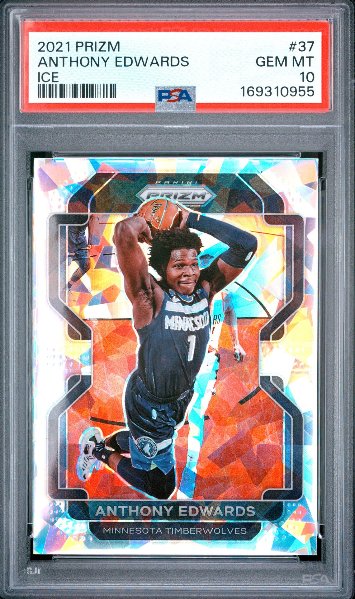 2021 Panini Prizm Anthony Edwards #37 (Ice) Gem Mt 10 front view - PSA graded GEM MT 10