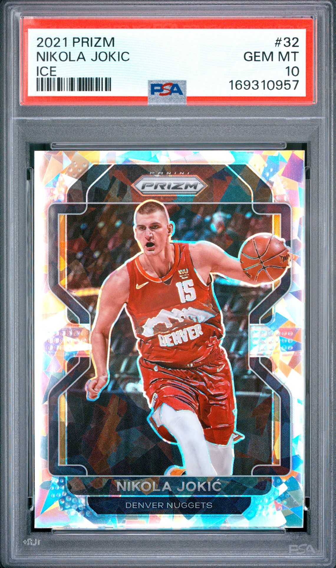 2021 Panini Prizm Nikola Jokic #32 (Ice) Gem Mt 10 front view - PSA graded GEM MT 10