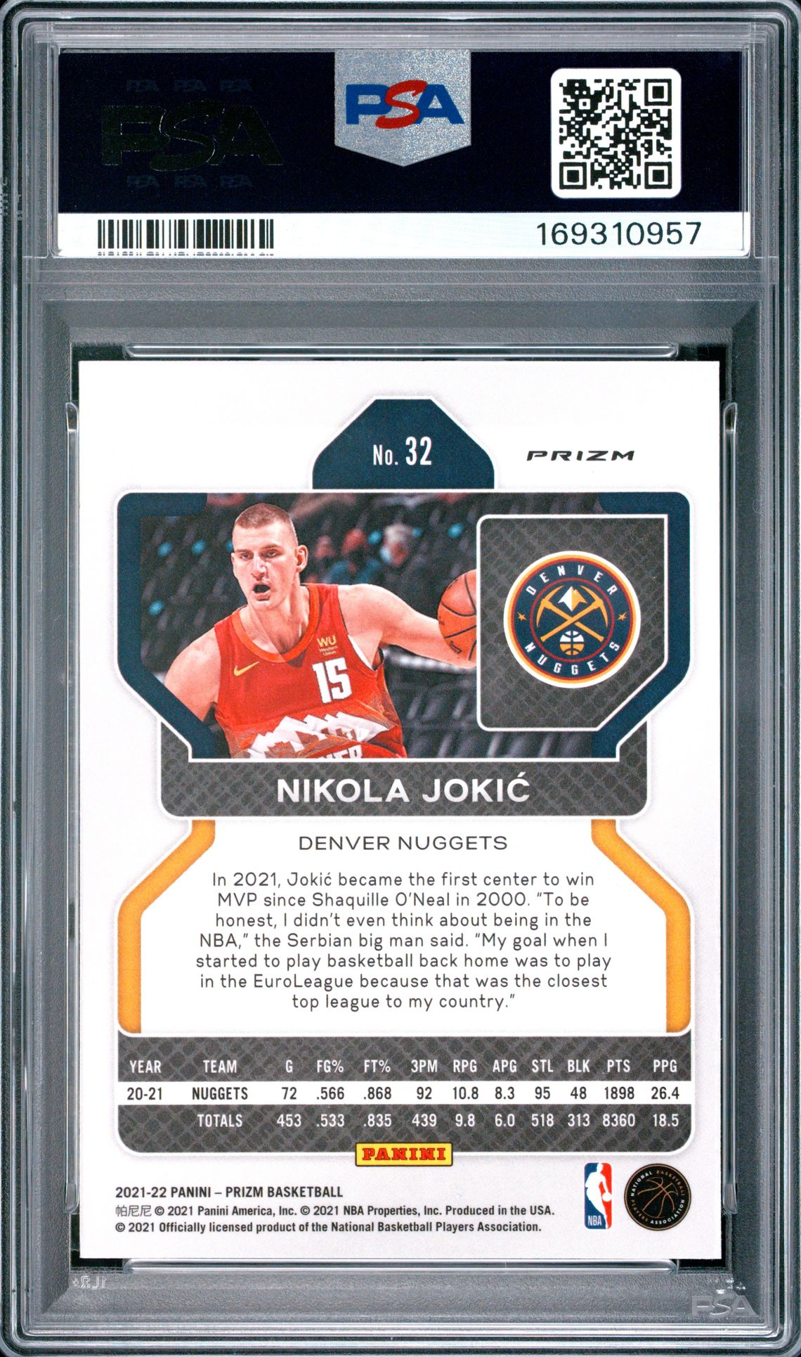 2021 Panini Prizm Nikola Jokic #32 (Ice) Gem Mt 10 back view - PSA certificate #169310957