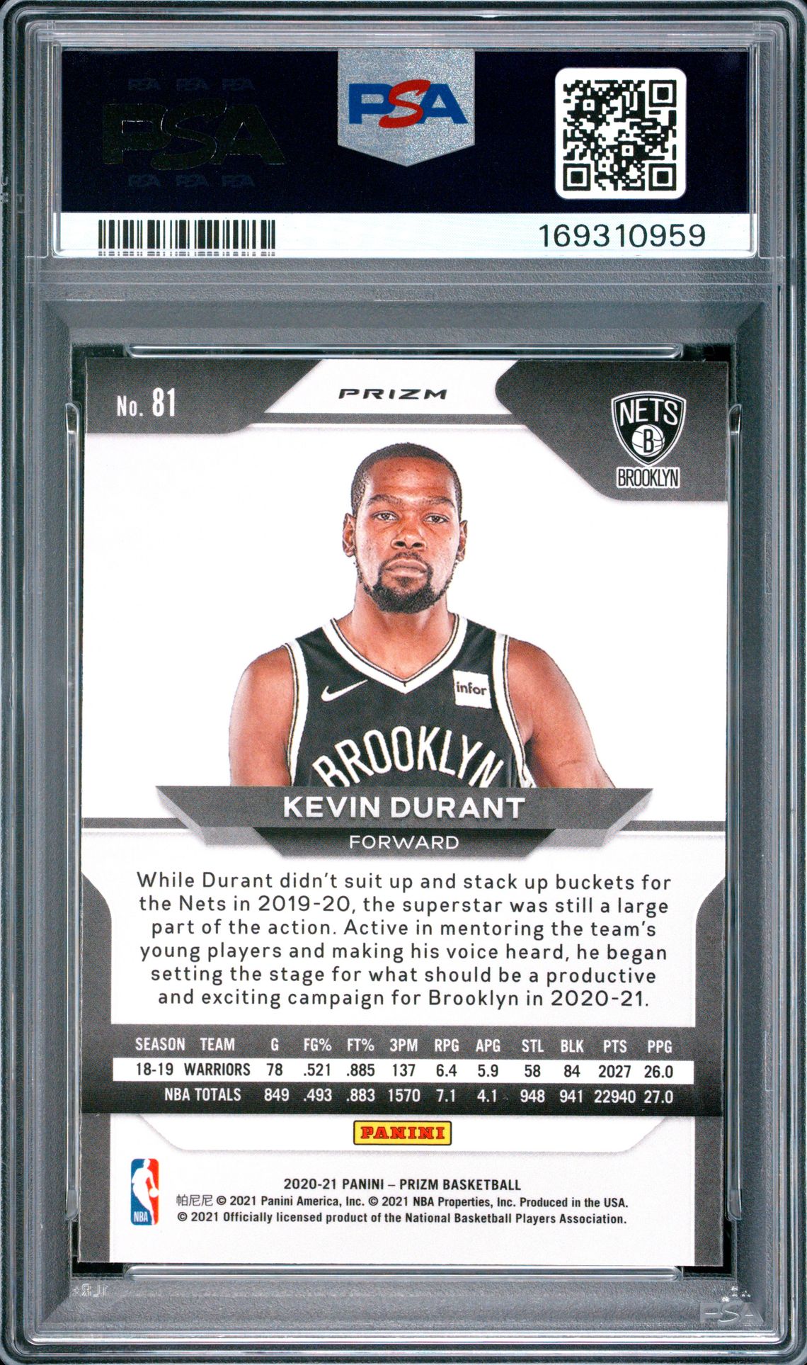 2020 Panini Prizm Kevin Durant #81 (Ruby Wave) Gem Mt 10 back view - PSA certificate #169310959