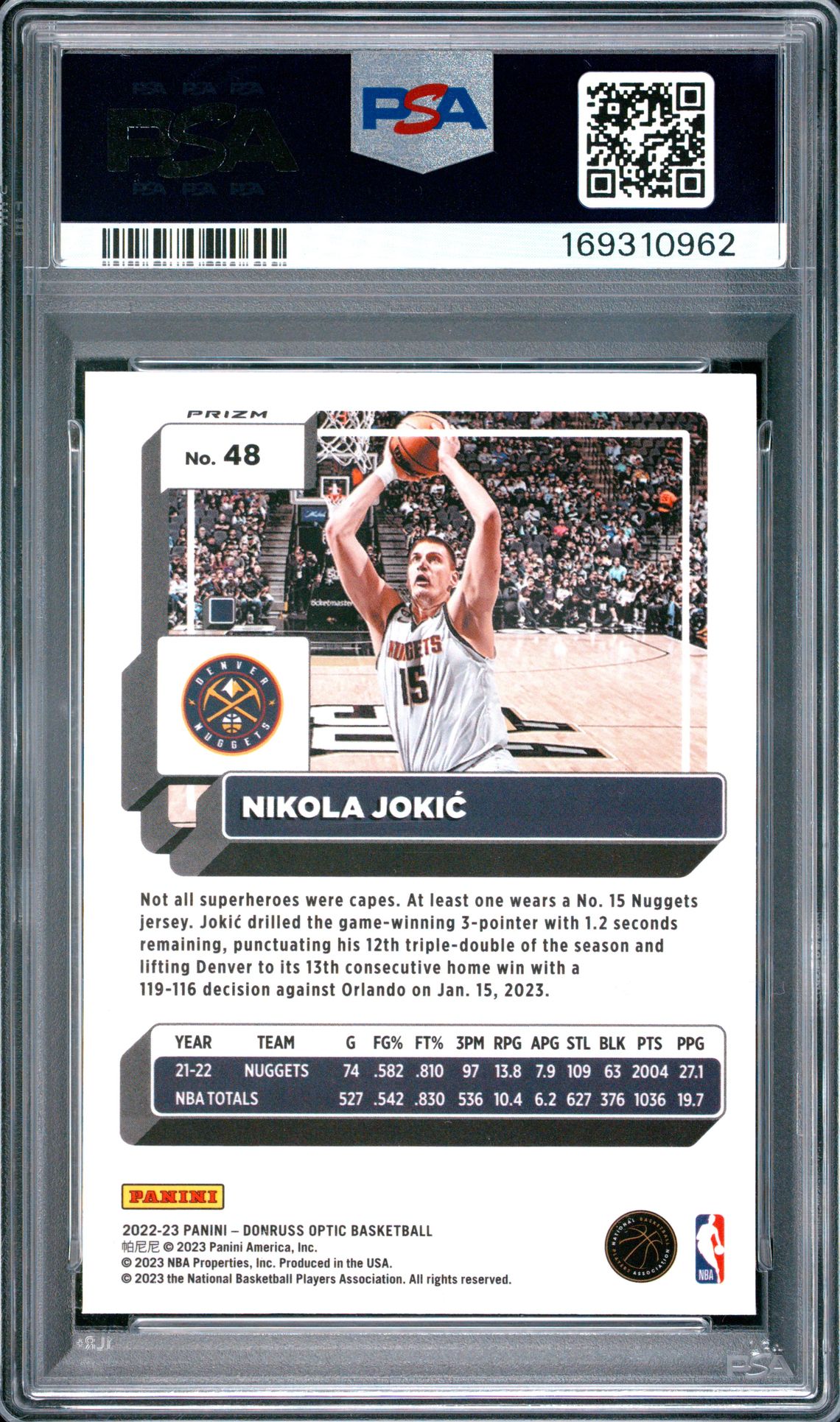 2022 Panini Donruss Optic Nikola Jokic #48 (Purple) Gem Mt 10 back view - PSA certificate #169310962