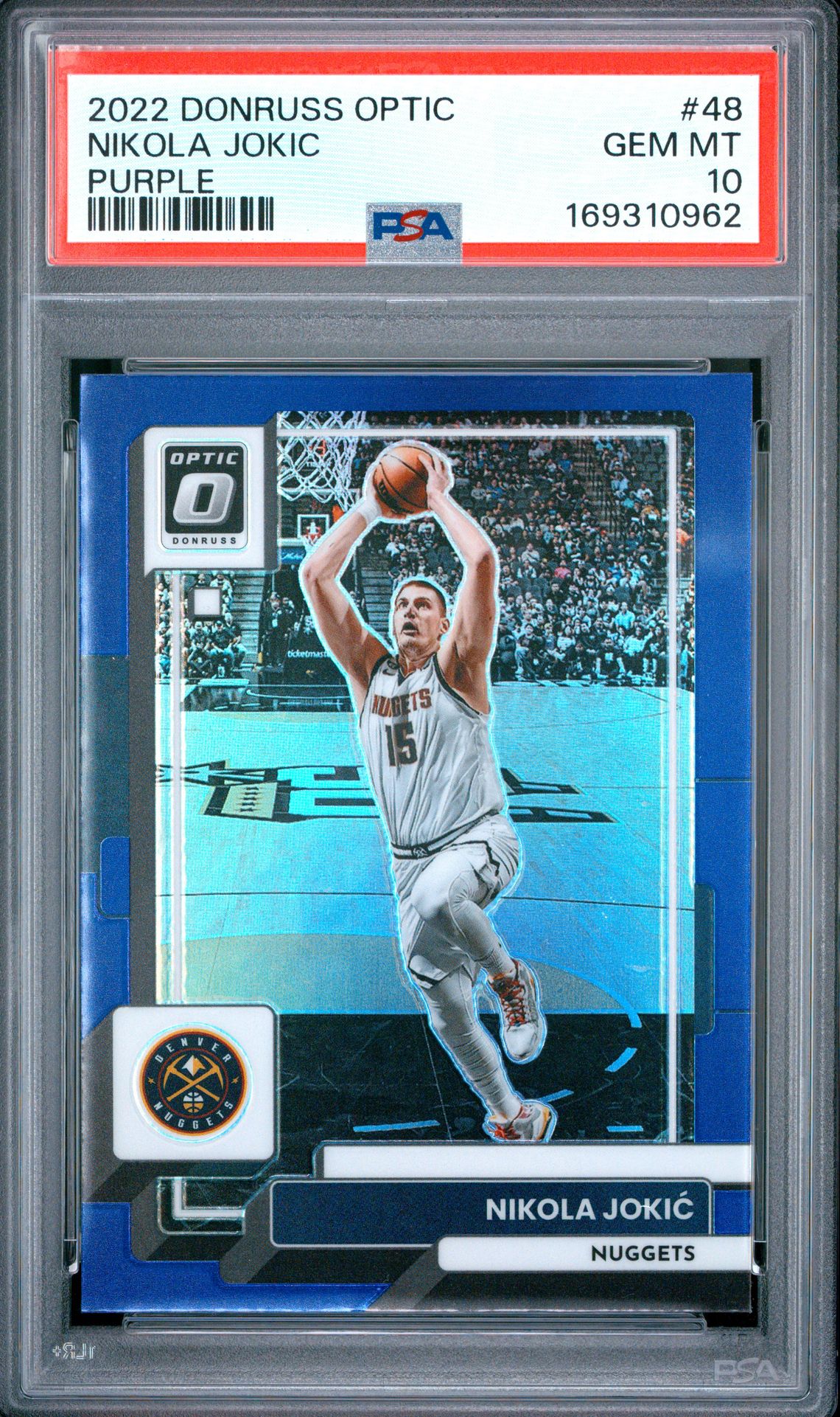 2022 Panini Donruss Optic Nikola Jokic #48 (Purple) Gem Mt 10 front view - PSA graded GEM MT 10