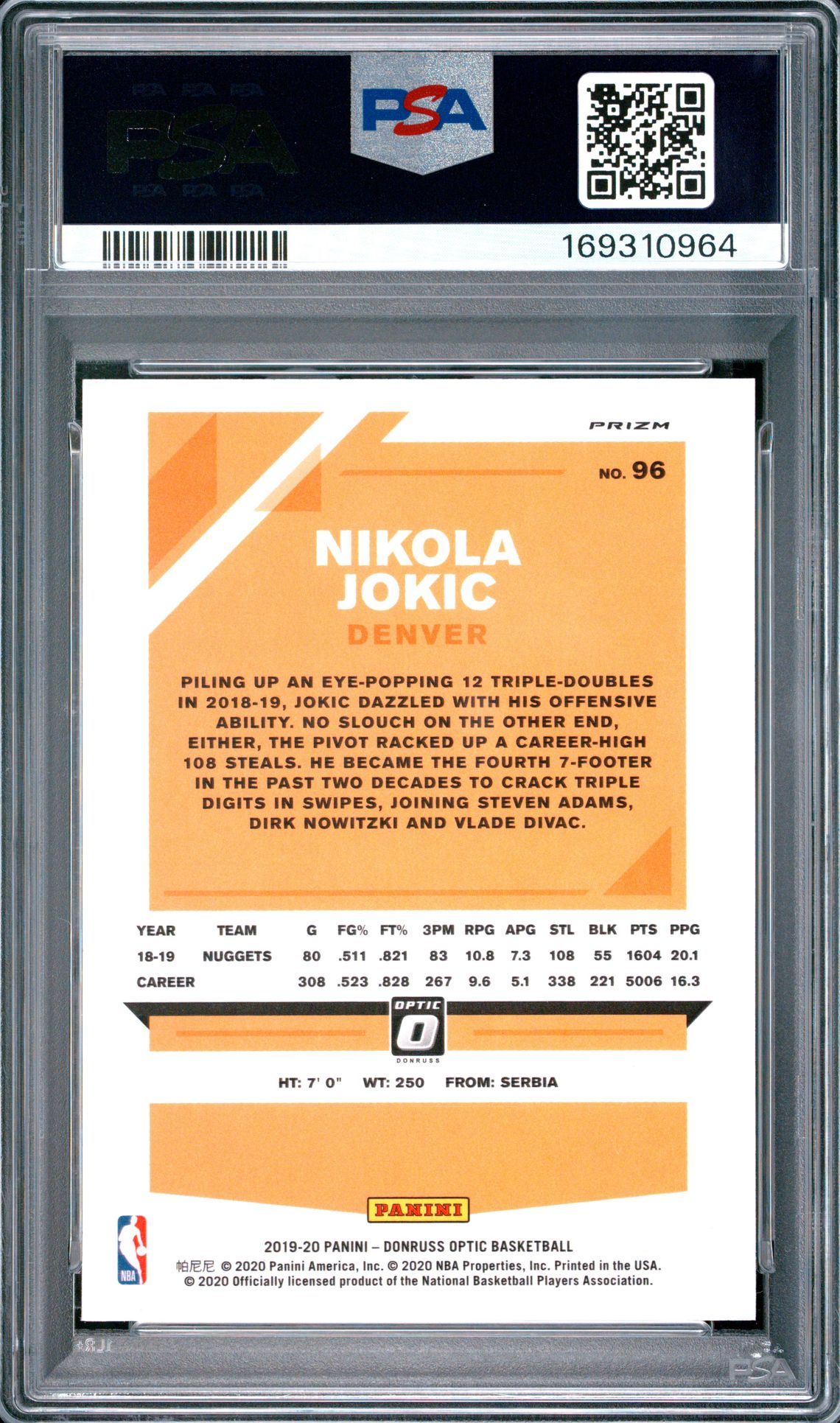 2019 Panini Donruss Optic Nikola Jokic #96 (Hyper Pink) Gem Mt 10 back view - PSA certificate #169310964
