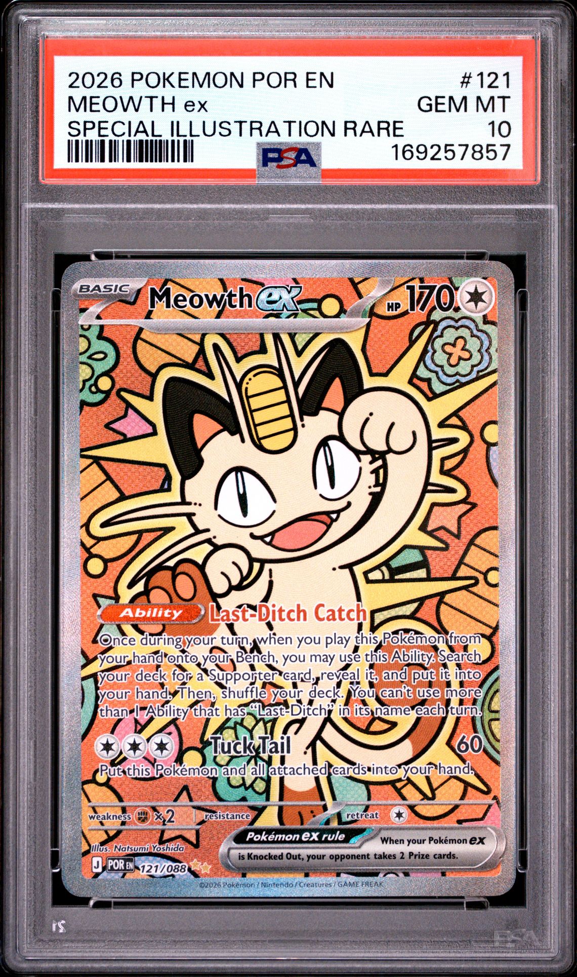 2026 Pokemon Por En-Perfect Order Meowth Ex #121 (Special Illustration Rare) Gem Mt 10 front view - PSA graded GEM MT 10