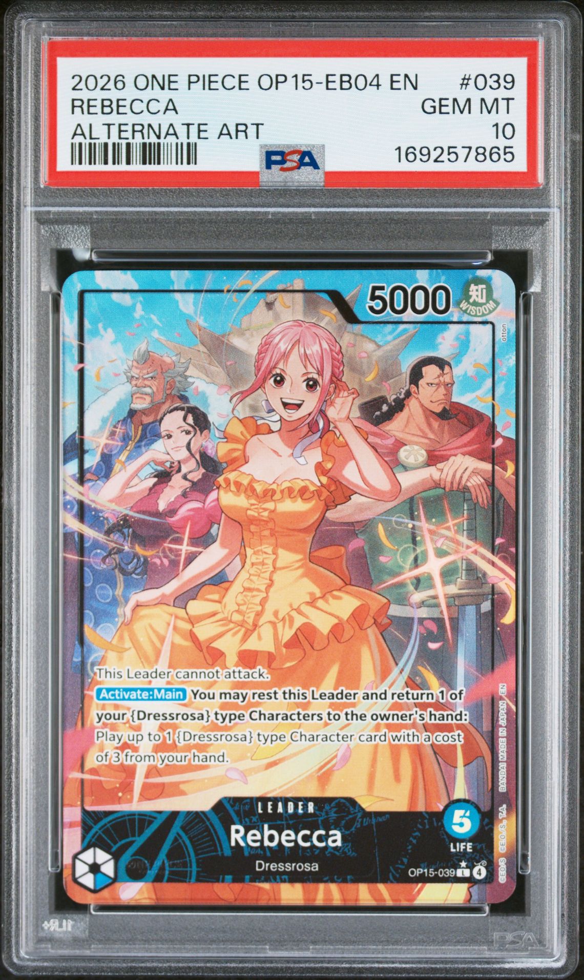 2026 ONE PIECE OP15-EB04-ADVENTURE ON KAMI'S ISLAND REBECCA ALTERNATE ART 039 GEM MT 10 front