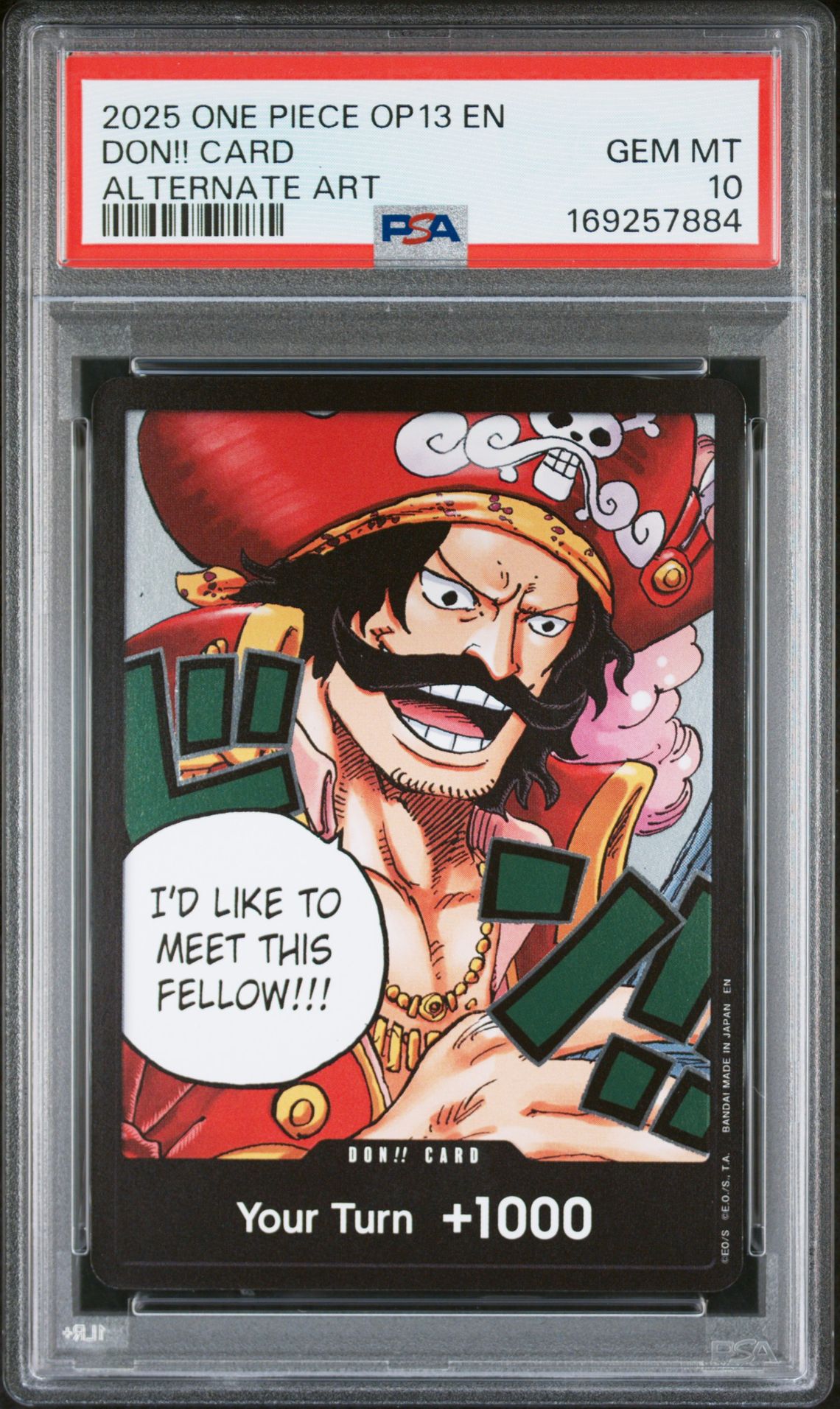2025 One Piece Op13-Carrying On His Will Don!! Card (Alternate Art) Gem Mt 10 front view - PSA graded GEM MT 10