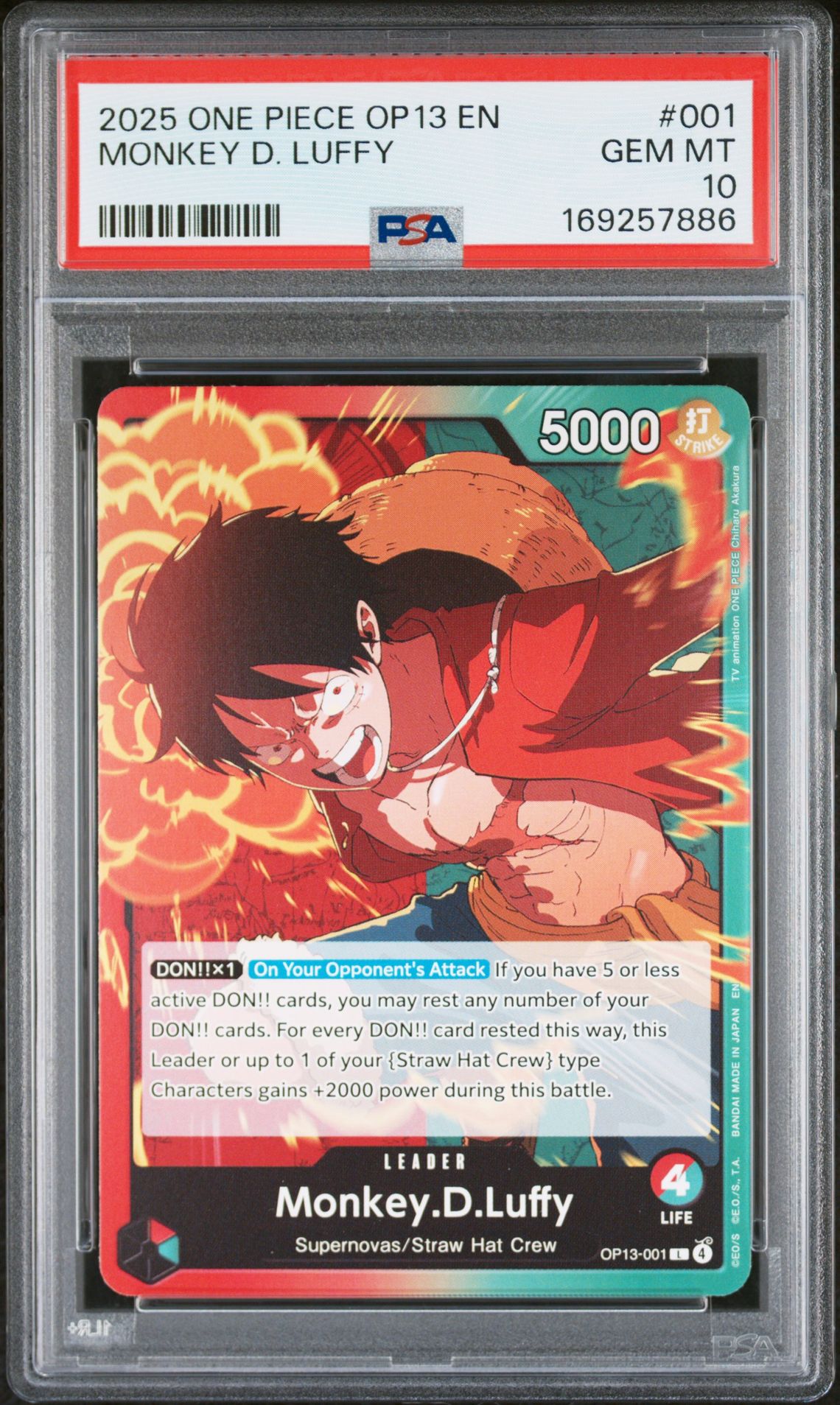 2025 One Piece Op13-Carrying On His Will Monkey D. Luffy #001 Gem Mt 10 front view - PSA graded GEM MT 10
