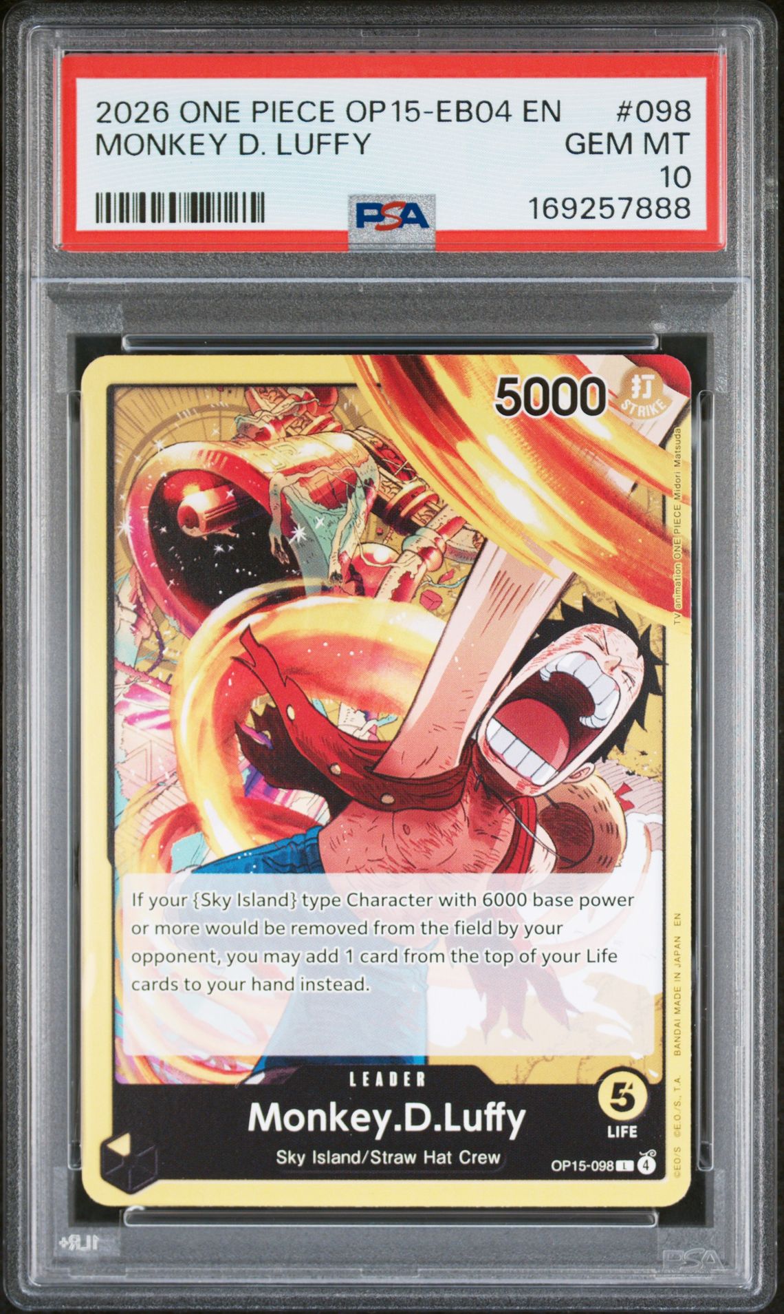 2026 One Piece Op15-Eb04-Adventure On Kami's Island Monkey D. Luffy #098 Gem Mt 10 front view - PSA graded GEM MT 10