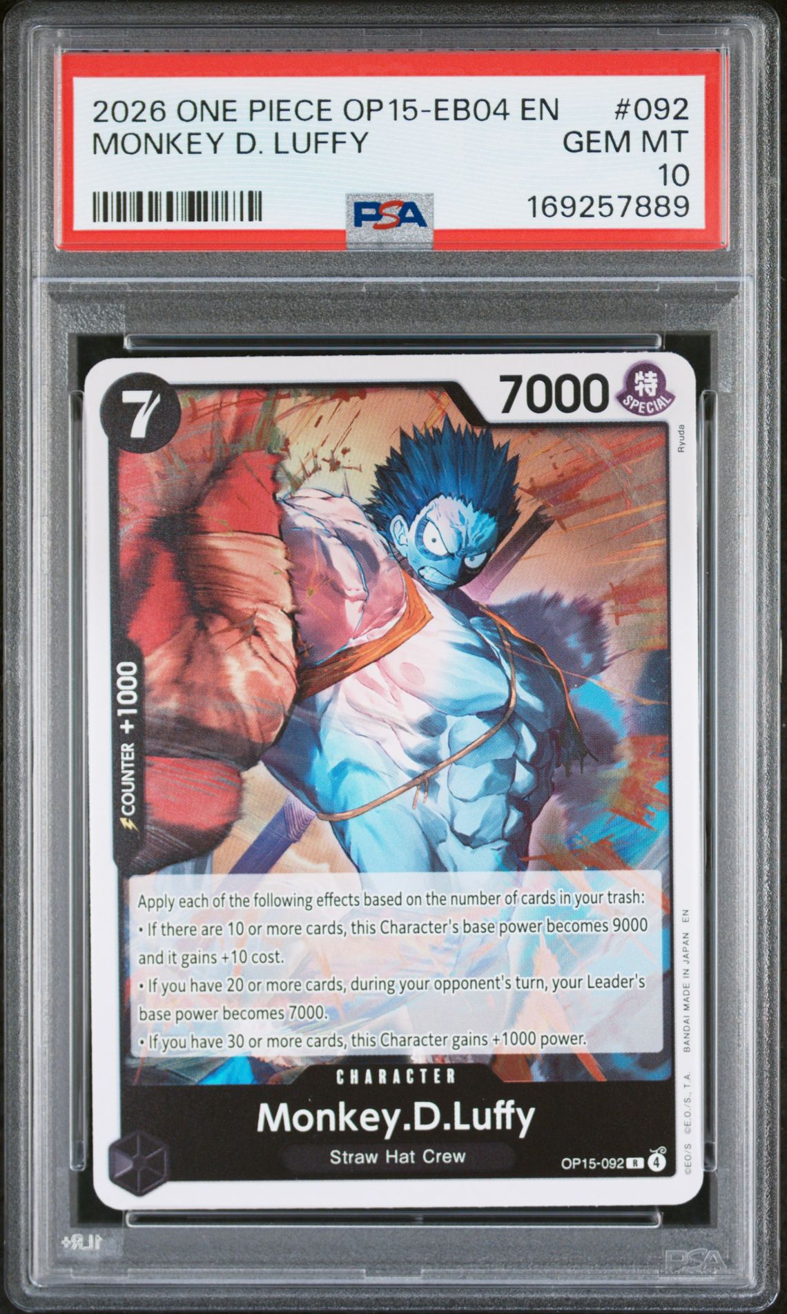 2026 One Piece Op15-Eb04-Adventure On Kami's Island Monkey D. Luffy #092 Gem Mt 10 front view - PSA graded GEM MT 10