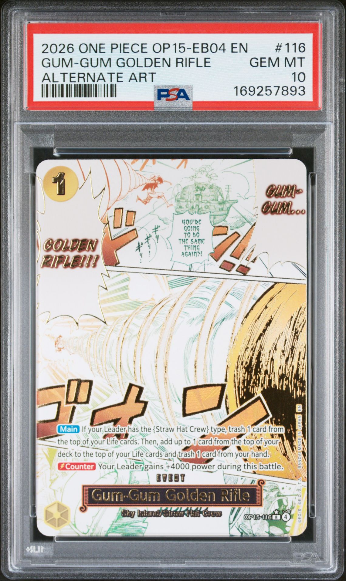 2026 ONE PIECE OP15-EB04-ADVENTURE ON KAMI'S ISLAND GUM-GUM GOLDEN RIFLE ALTERNATE ART 116 GEM MT 10 front