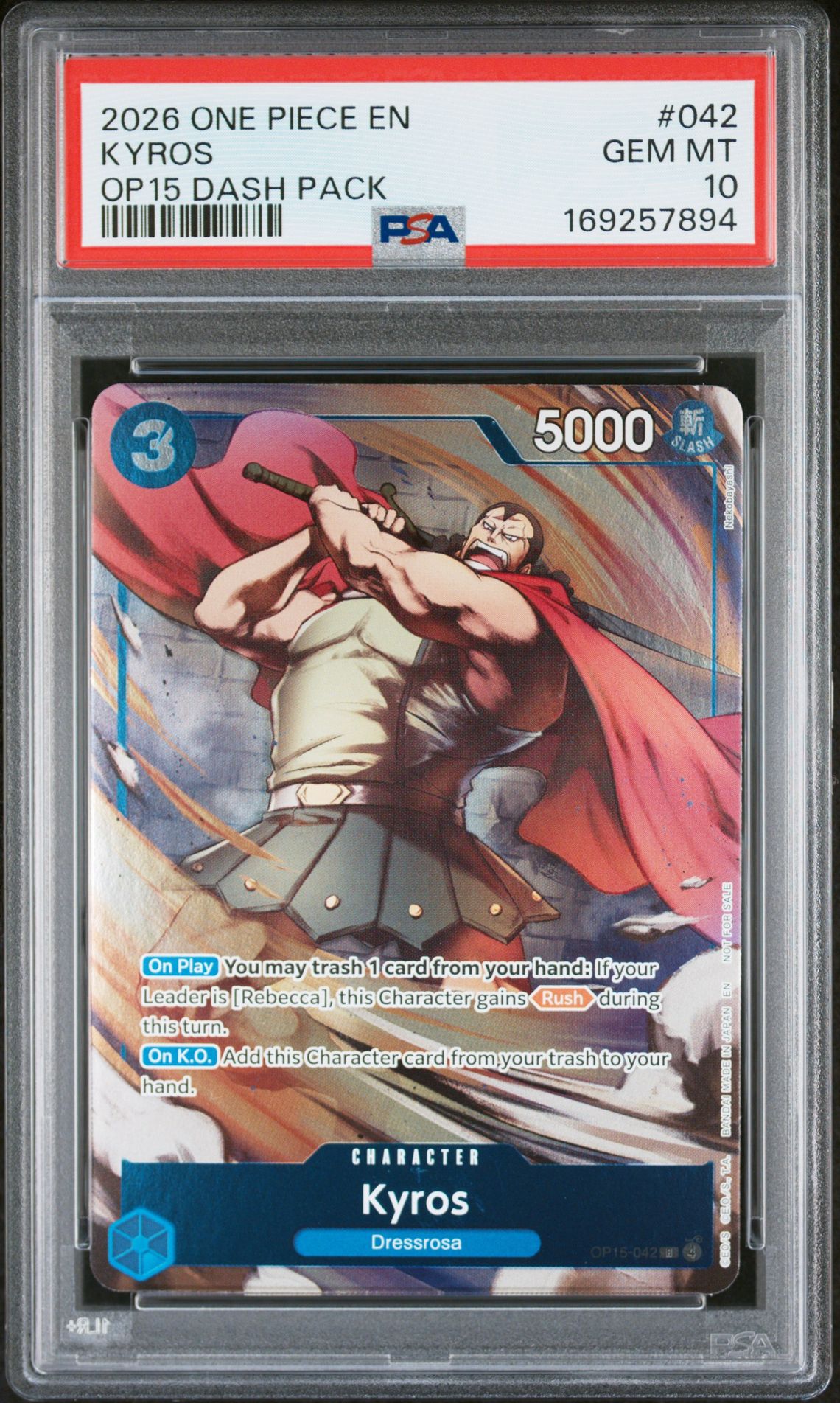 2026 One Piece Adventure On Kami's Island Dash Pack Kyros #042 Gem Mt 10 front view - PSA graded GEM MT 10
