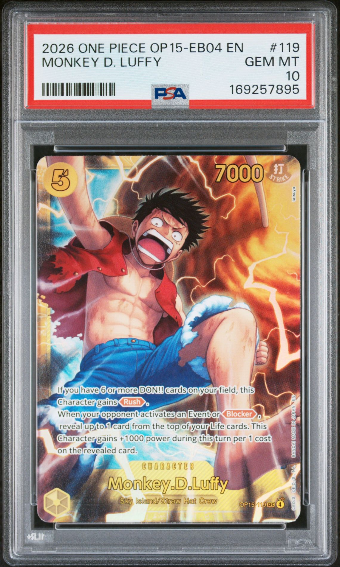 2026 One Piece Op15-Eb04-Adventure On Kami's Island Monkey D. Luffy #119 Gem Mt 10 front view - PSA graded GEM MT 10