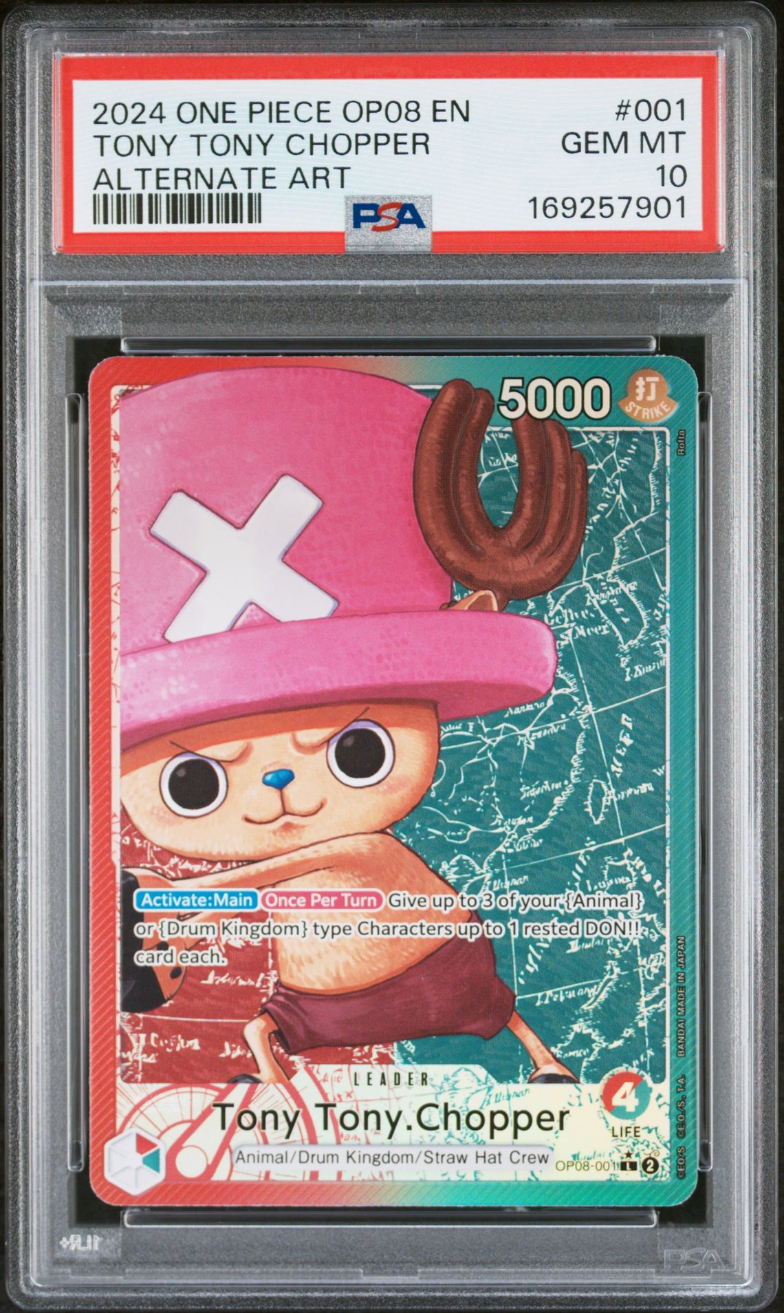 2024 One Piece Op08-Two Legends Tony Tony Chopper #001 (Alternate Art) Gem Mt 10 front view - PSA graded GEM MT 10