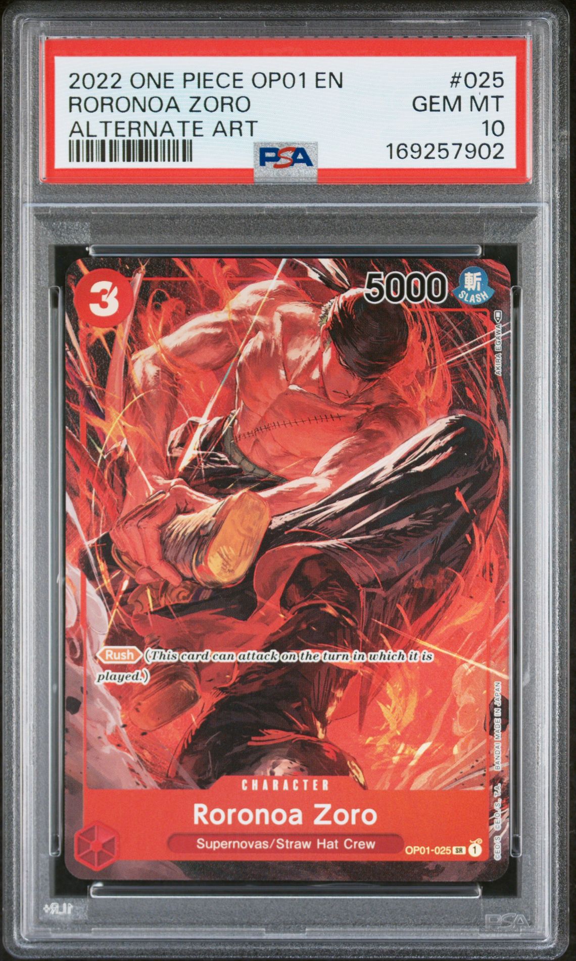 2022 One Piece Op01-Romance Dawn Roronoa Zoro #025 (Alternate Art) Gem Mt 10 front view - PSA graded GEM MT 10