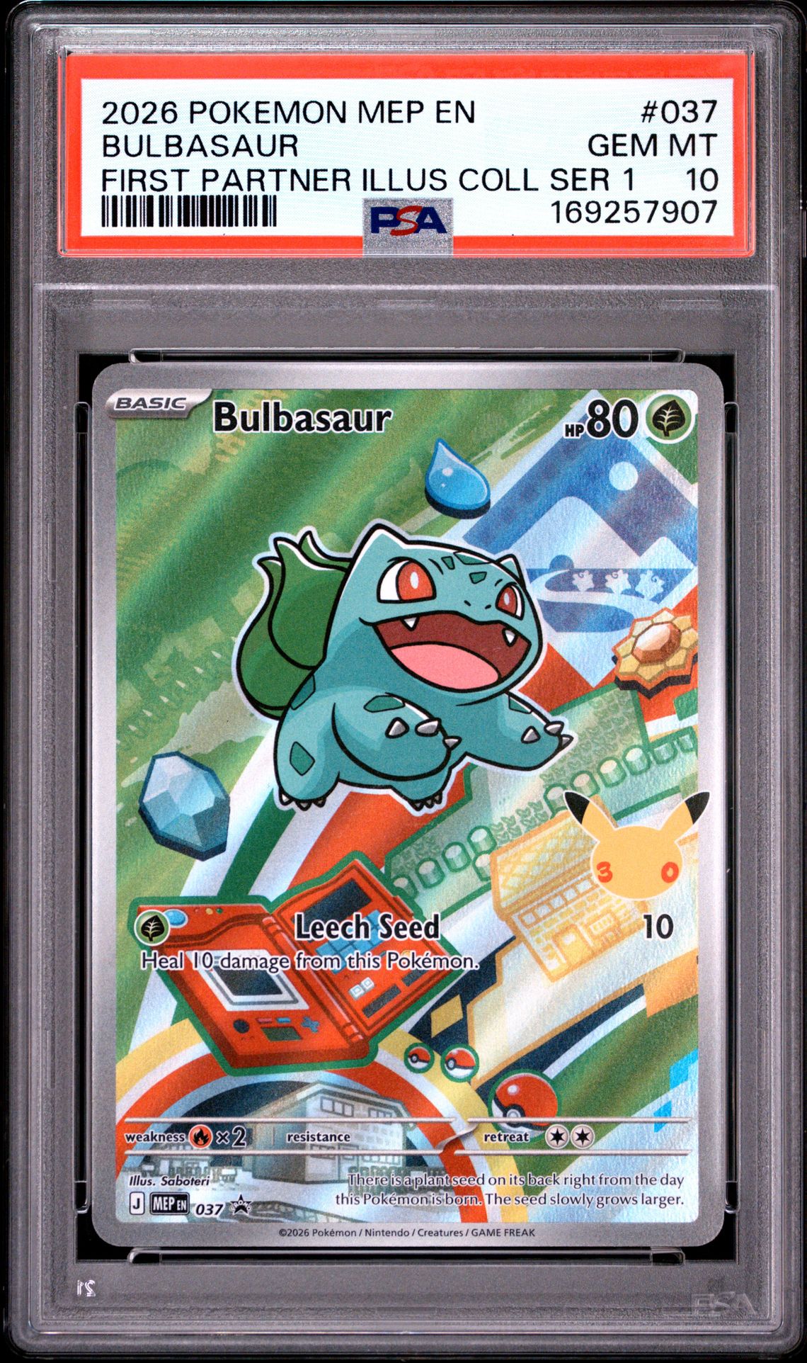 2026 Pokemon Mep En-Me Black Star Promo Bulbasaur #037 (First Partner Illus Coll Ser 1) Gem Mt 10 front view - PSA graded GEM MT 10