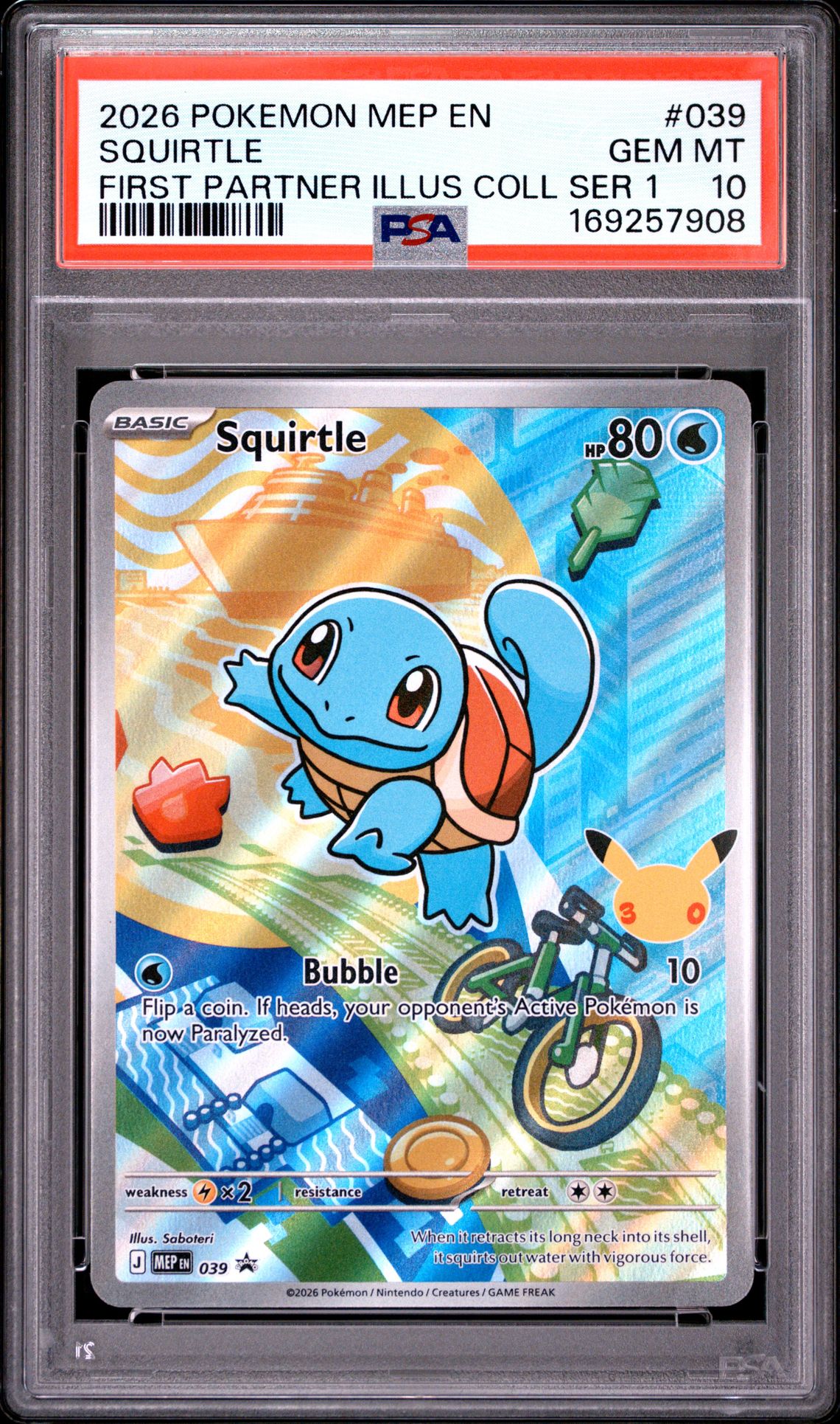 2026 Pokemon Mep En-Me Black Star Promo Squirtle #039 (First Partner Illus Coll Ser 1) Gem Mt 10 front view - PSA graded GEM MT 10