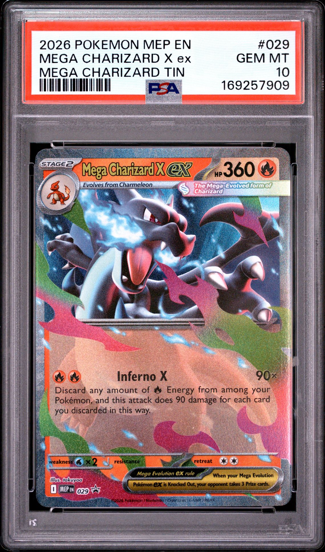 2026 Pokemon Mep En-Me Black Star Promo Mega Charizard X Ex #029 (Mega Charizard Tin) Gem Mt 10 front view - PSA graded GEM MT 10