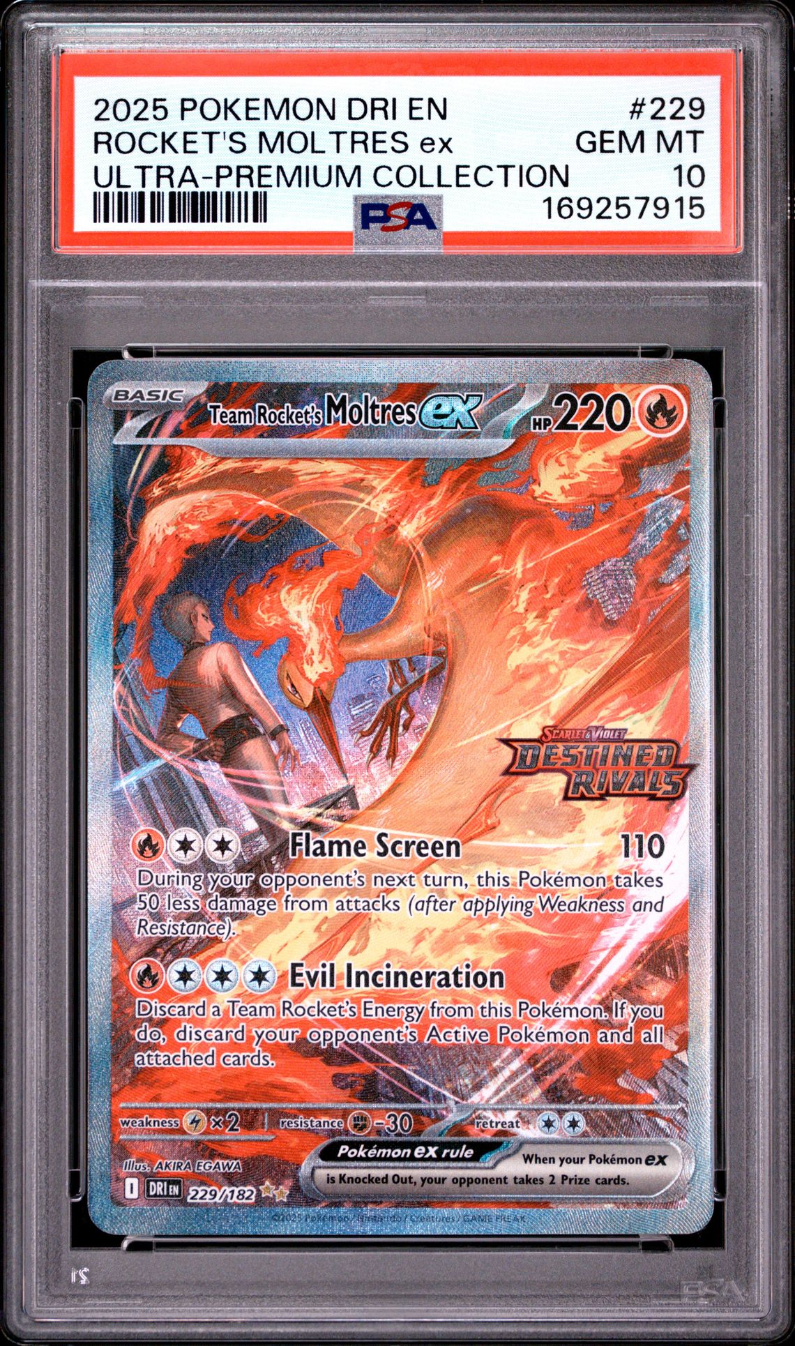 2025 Pokemon Dri En-Destined Rivals Rocket's Moltres Ex #229 (Ultra-Premium Collection) Gem Mt 10 front view - PSA graded GEM MT 10