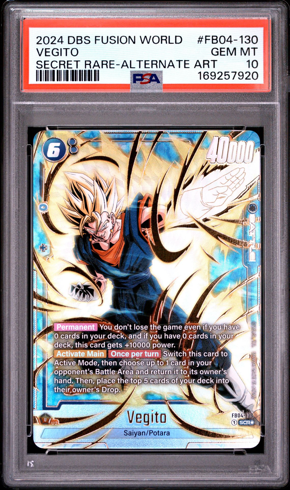 2024 Dragon Ball Super Card Game Fusion World Ultra Limit Vegito #Fb04-130 (Secret Rare-Alternate Art) Gem Mt 10 front view - PSA graded GEM MT 10