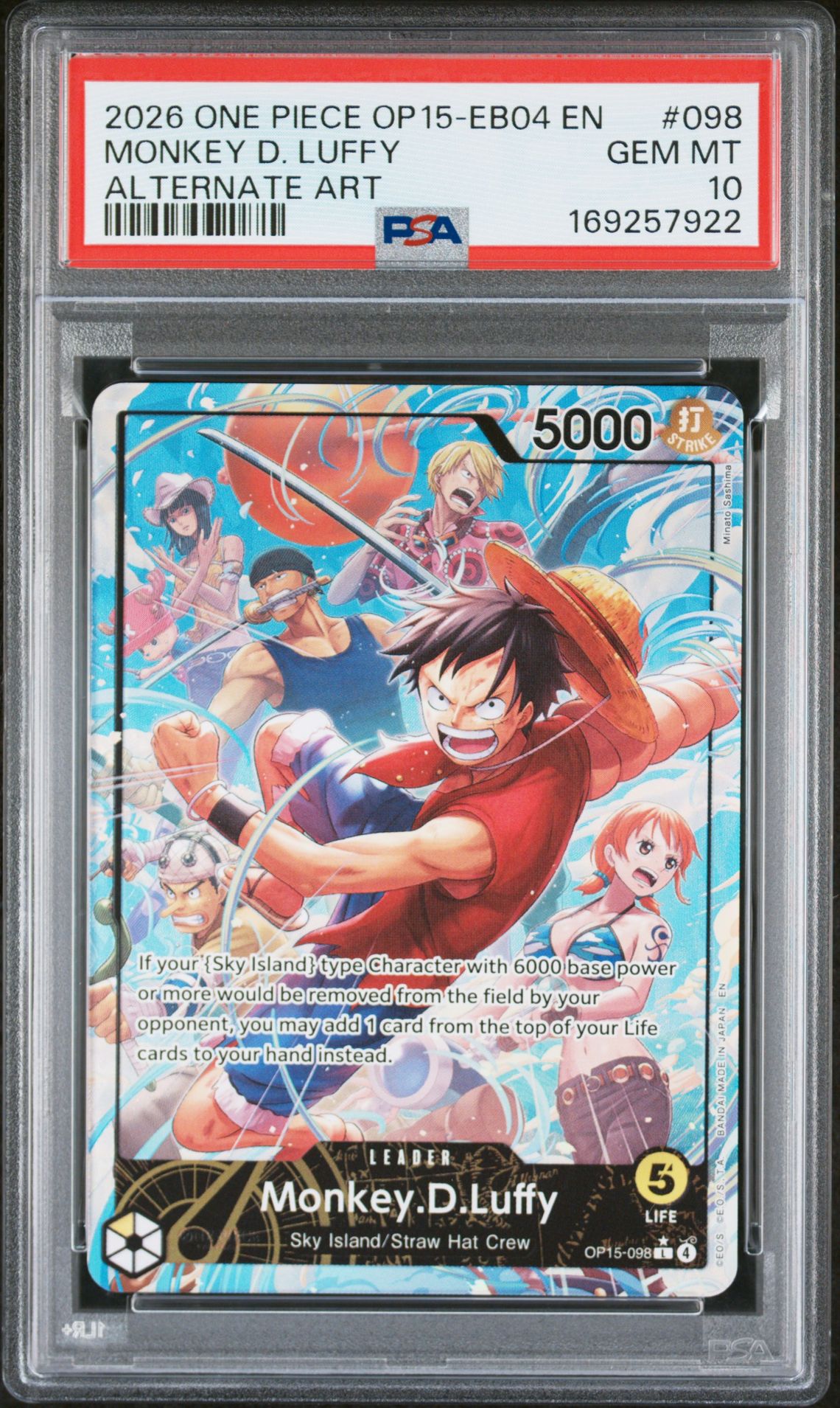 2026 One Piece Op15-Eb04-Adventure On Kami's Island Monkey D. Luffy #098 (Alternate Art) Gem Mt 10 front view - PSA graded GEM MT 10
