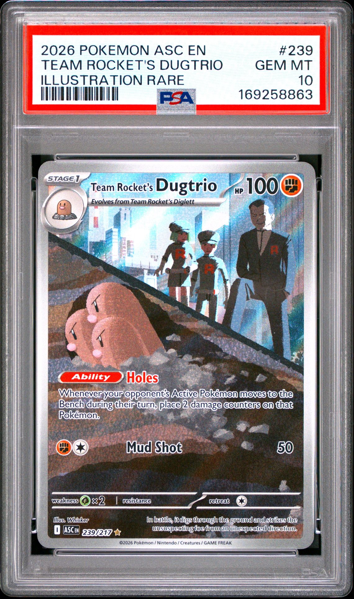 2026 Pokemon Asc En-Ascended Heroes Team Rocket's Dugtrio #239 (Illustration Rare) Gem Mt 10 front view - PSA graded GEM MT 10