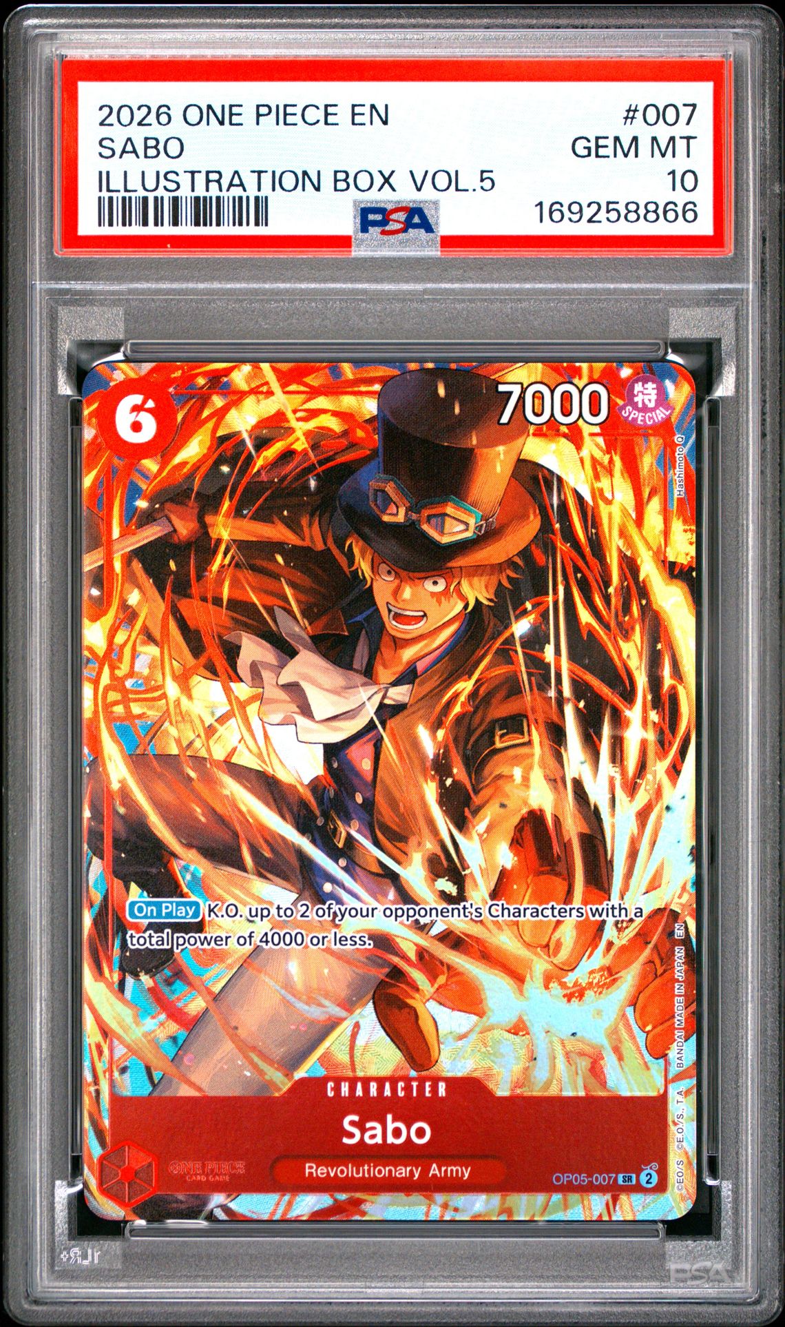 2026 One Piece Promos Sabo #007 (Illustration Box Vol.5) Gem Mt 10 front view - PSA graded GEM MT 10